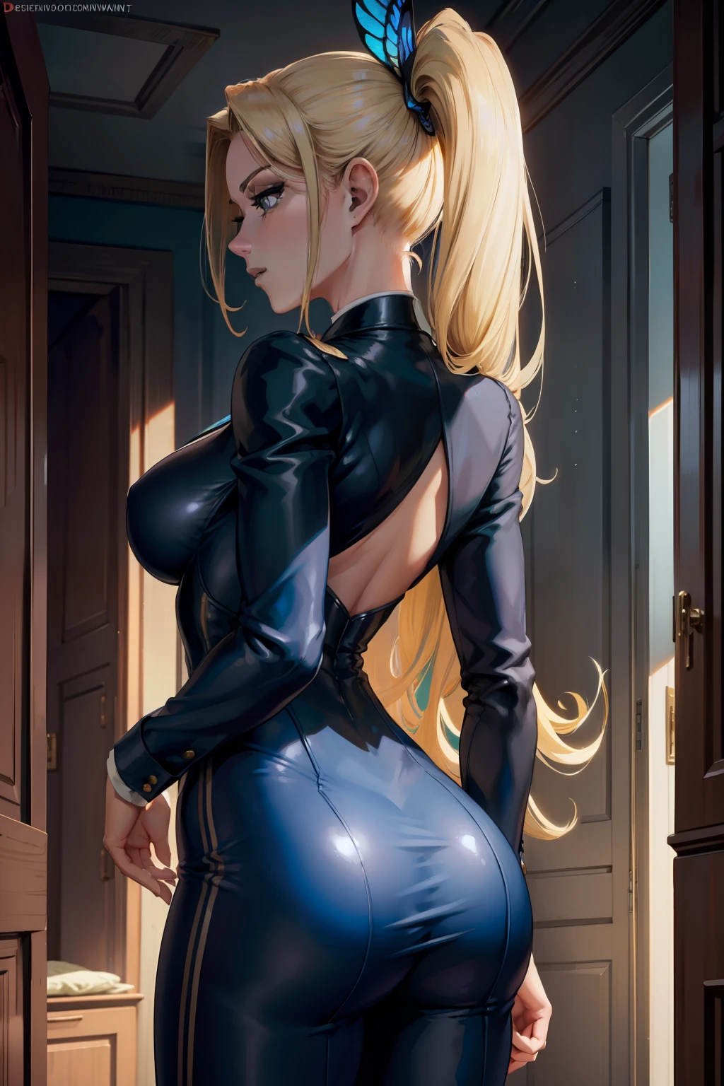 She has elegant blonde ponytails and striking blue cat eyes. Her attire exudes power and sophistication in a stylish pantsuit. She embodies the essence of a confident demon, radiating CEO-like confidence. Completing her enchanting aura, a pair of exquisite erfly wings gracefully adorns her back.