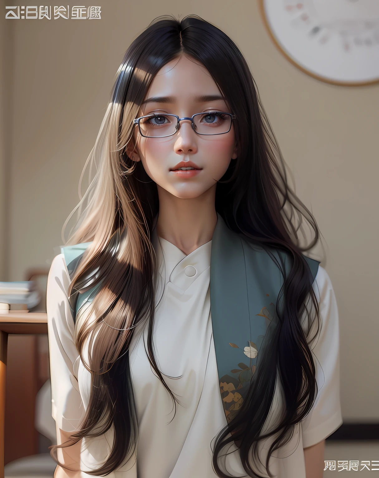 pupils，White-collar, blue-collar Chinese school uniform，wears glasses