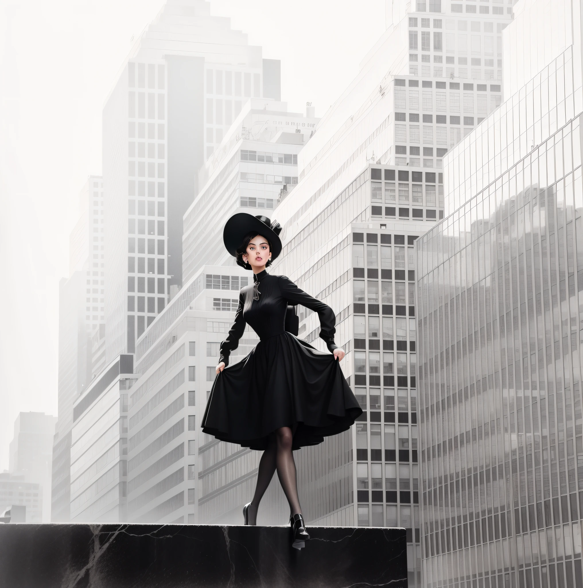 araffe woman in a black dress and hat standing on a ledge, with skyscrapers on the background, inspired by Jerry Schatzberg, by Allan Linder, inspired by Gordon Parks, inspired by Lillian Bassman, in style of joel meyerowitz, inspired by Richard Avedon, inspired by Bert Stern, in the city, by Glen Angus, beautiful city black woman only