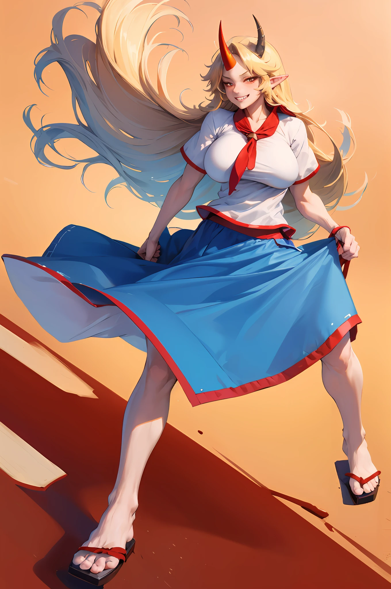 hoshiguma yuugi,1girl,single horn, pointy ears, blonde hair, long hair,yellow eyes,s ,white shirt,skirt,, muscle girl, huge breast,walking, single horn, long skirt, flip flops, sharpteeth, smile, tomboy,very long skirt, blue and red skirt, traditional germanic dress, red eyes, medieval city,full body
