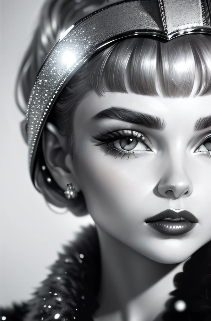 Scatter ((silver lamé)) all over the background.
Draw a large (Chanel lipstick) on the background of the person
Subject is ((black and white ))Audrey Hepburn style and the angle is a head shot