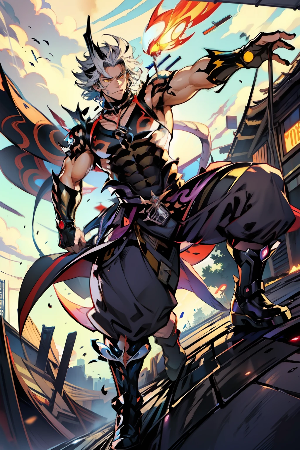 《the original god》Arataki Kazuto , male people，，((Masterpiece)), ((Best quality)), Ultra detailed,((illustration)), Dynamic Angle, Detailed light, (Delicate eyes), Floating, 1boy, Male focus, Head, Clothing, Yellow eyes, necklace, tattoo, (Forehead:0.8), (ahoge:0.8), jewelry, apathy，Ray， ????? muscle， ???? , Venom symbiote for your body, Black mucus of the body , （into venom）, Venom，frontage，style of anime4 K， 4K anime wallpaper， Badass anime 8 K， 4 k comic wallpaper， young anime man， Anime boys， Anime wallpapers 4 k， Anime wallpaper 4K， High quality anime art style， Anime moe art style， Anime art wallpaper 8 K， Anime art wallpaper 4 K， RGB lighting