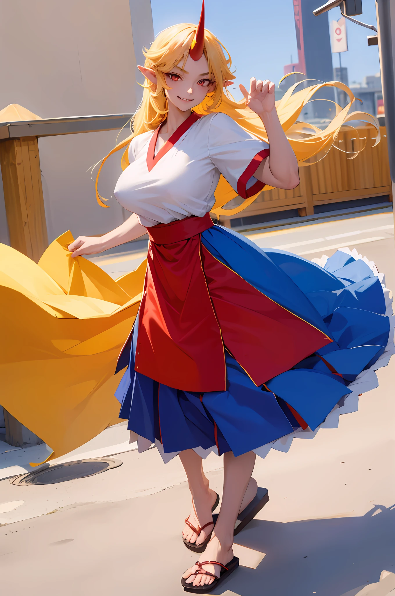 hoshiguma yuugi,1girl,single horn, pointy ears, blonde hair, long hair,yellow eyes,s ,white shirt,skirt,, muscle girl, huge breast,walking, single horn, long skirt, flip flops, sharpteeth, smile, tomboy,very long skirt, blue and red skirt, traditional germanic dress, red eyes, medieval city,full body