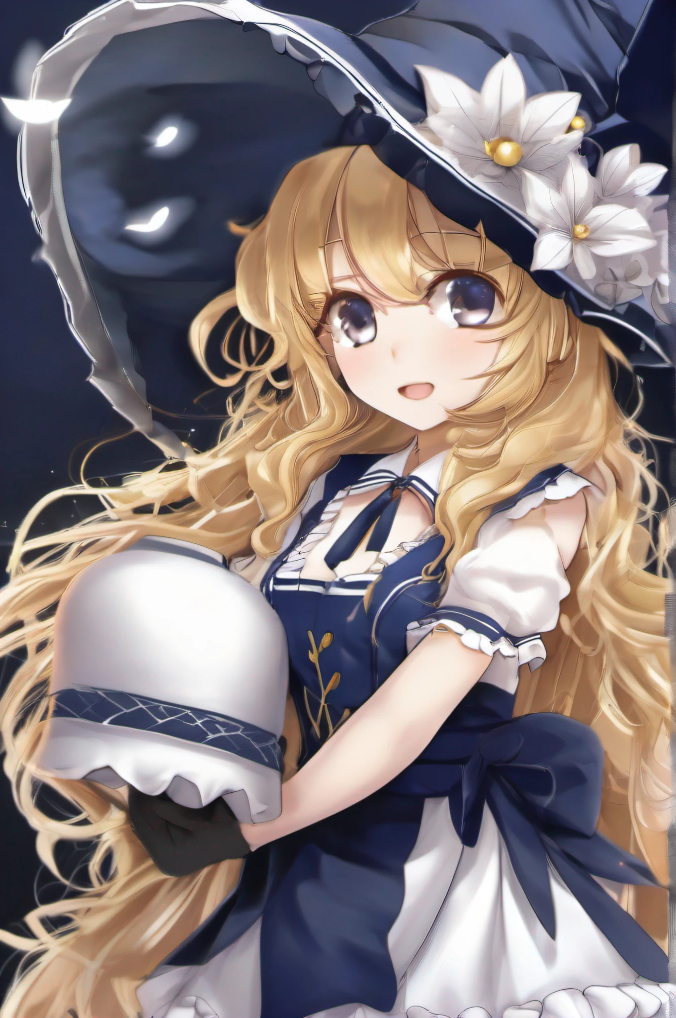 (masutepiece:1.3), (8K), (Best Quality:1.4), ORIENTAL PROJECT, marisa kirisame, In Gensokyo, Blonde curly hair, White ribbon witch hat, Navy blue maid clothes, Golden Eyes