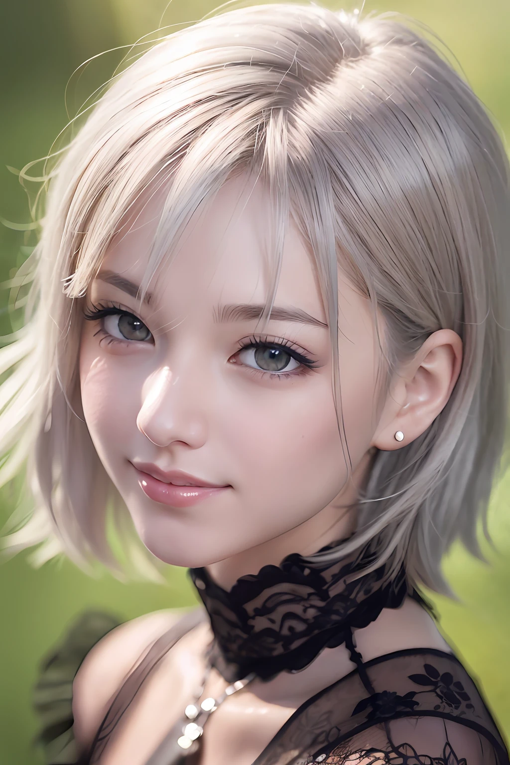 animesque、anime styled、Speciality、Moisturized eyes、Beautiful detailed eyes, (Short hair:1.2), (8K, Best Quality, masutepiece:1.2), (Realistic, Photorealsitic:1.37), Ultra-detailed, a closeup、portraitures、1 girl, Cute, Silver-gray hair、Solo, (nose blush),(Smile:1.15),