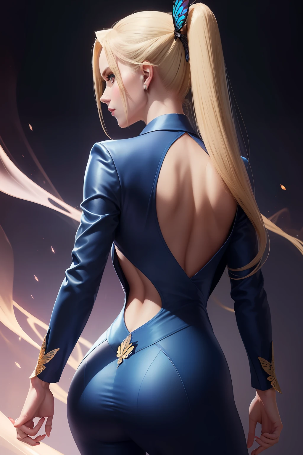 She has elegant blonde ponytails and striking blue cat eyes. Her attire exudes power and sophistication in a stylish pantsuit. She embodies the essence of a confident demon, radiating CEO-like confidence. Completing her enchanting aura, a pair of exquisite butterfly wings gracefully adorns her back.