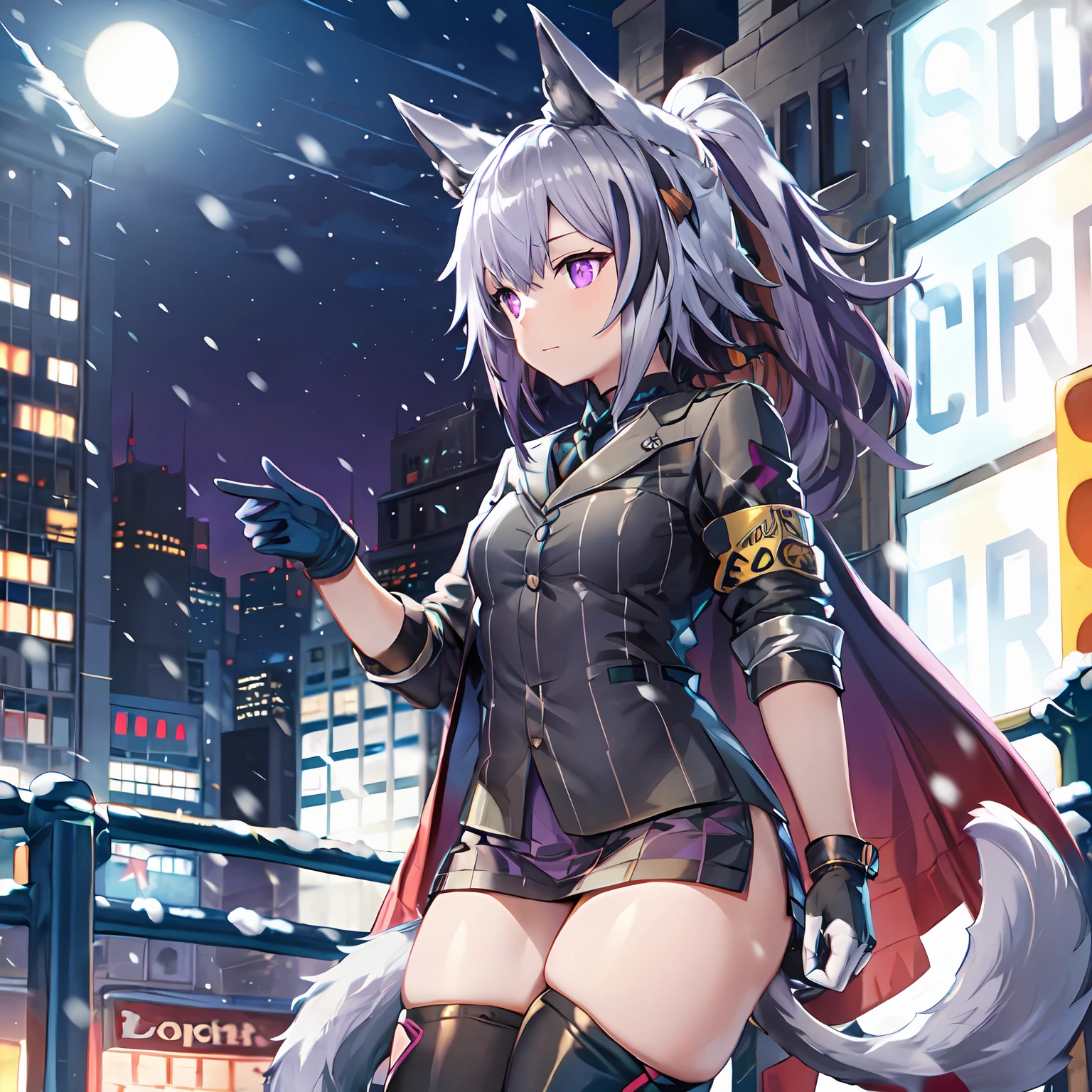 girls, purple hair, cat ears, black and white jacket, blue armbands, in the city, night time, snowing, black gloves