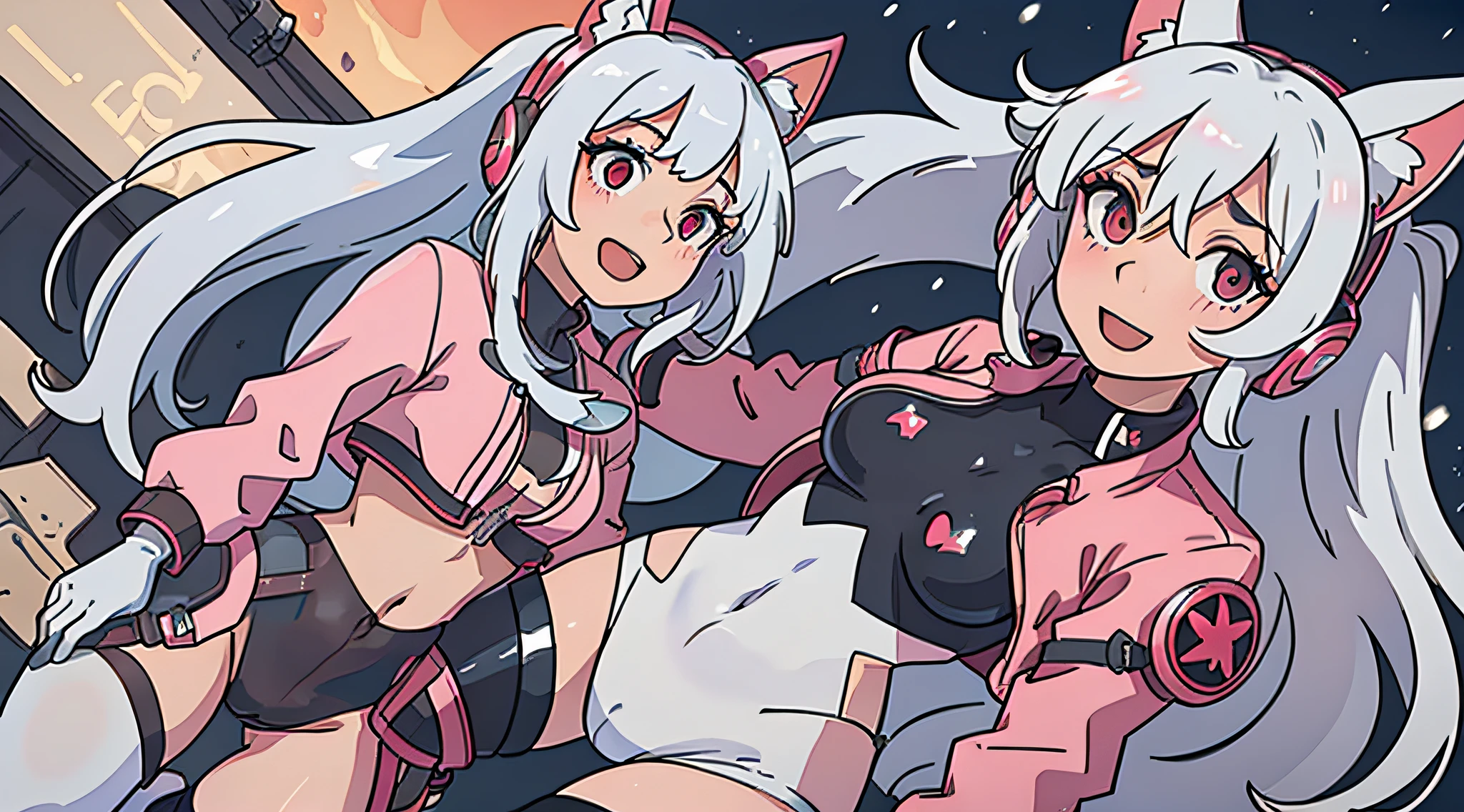 (RAW photo, best quality, masterpiece:1.2), (realistic, photo-realistic:1.4),(masterpiece:1.4),(best quality:1.4),1girl, solo, :d, animal ear headphones, animal ears, arms up, bangs, blush, bodysuit, breasts, bunny pose, clothes writing, covered navel, cowboy shot, cropped jacket, fake animal ears, gloves, outdoor,morning,snow, hair intakes, headphones, impossible bodysuit, impossible clothes, jacket, large breasts, latex, latex bodysuit, long hair, long sleeves, looking at viewer, large breasts, multicolored gloves, open mouth, pink bodysuit, pink eyes, red eyes, red jacket, shiny clothes, shrug \(clothing\), sidelocks, skin tight, smile, thigh gap, thighs, twintails, very long hair, white gloves, white hair,alice \(nikke\),(shiny skin),realistic,
