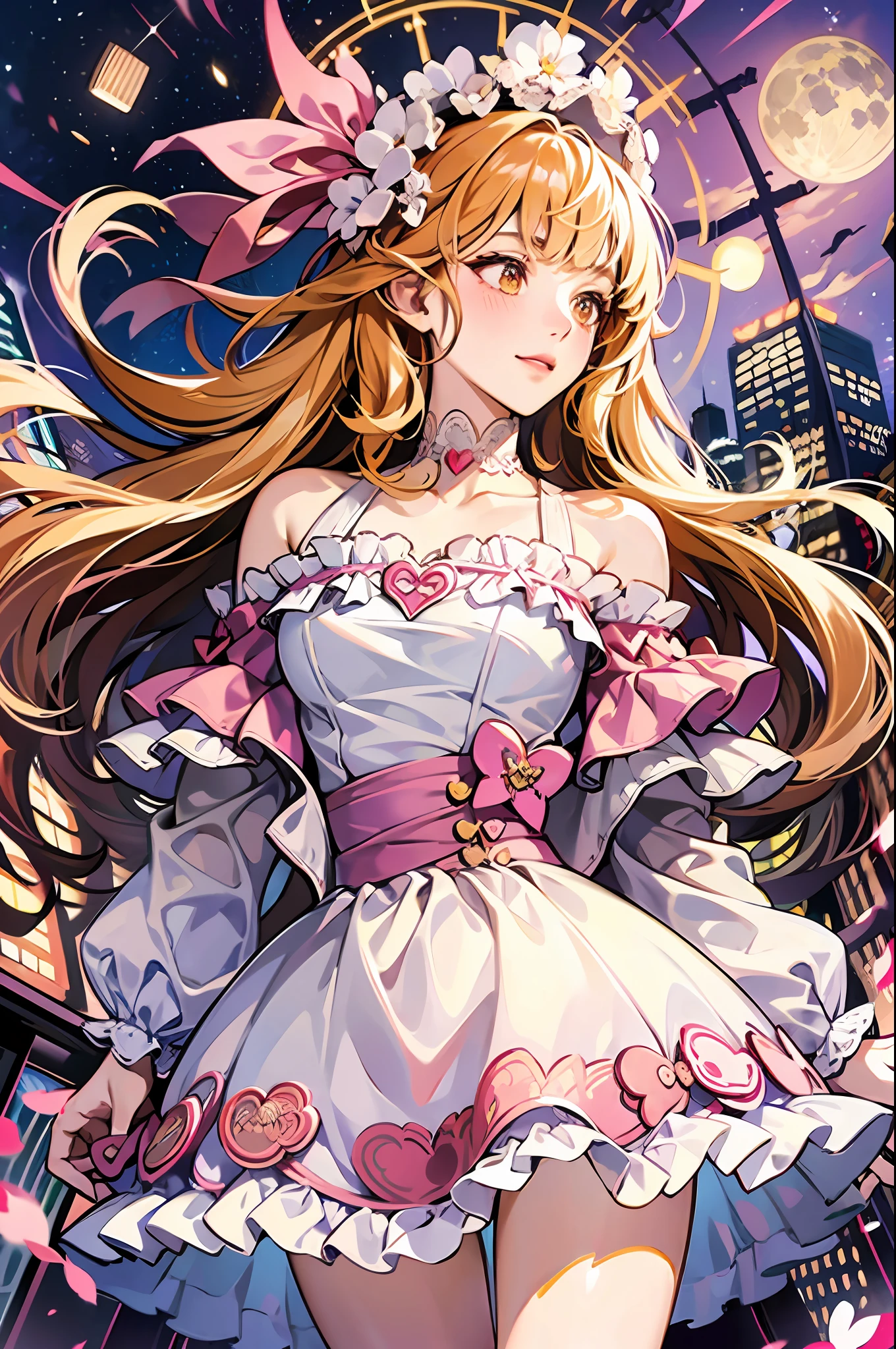 woman, skirt, long hair, medium shot, orange eyes, blunt bangs, white dress, pink jacket, bare shoulders,  frilled choker with heart, hair ribbon, lace trim, happy, blush, heart shape, hair over one eyes, seductive AND merge with this scenery, night, city highlight, from below, ((fisheye)), dynamic pose, starry, full moon, moon hightlight