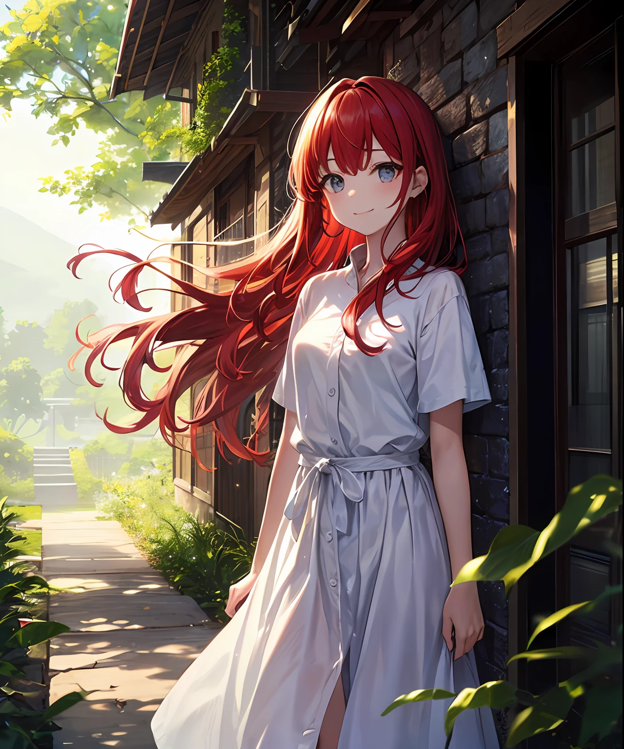 (masterpiece、top-quality)、frontage、独奏、1girl in、lightly dressed、is standing、Hands folded behind your back、amidst nature、A smile、The long-haired、Light red hair、Hair flutters in the wind、with light glowing、Windy、Adult、