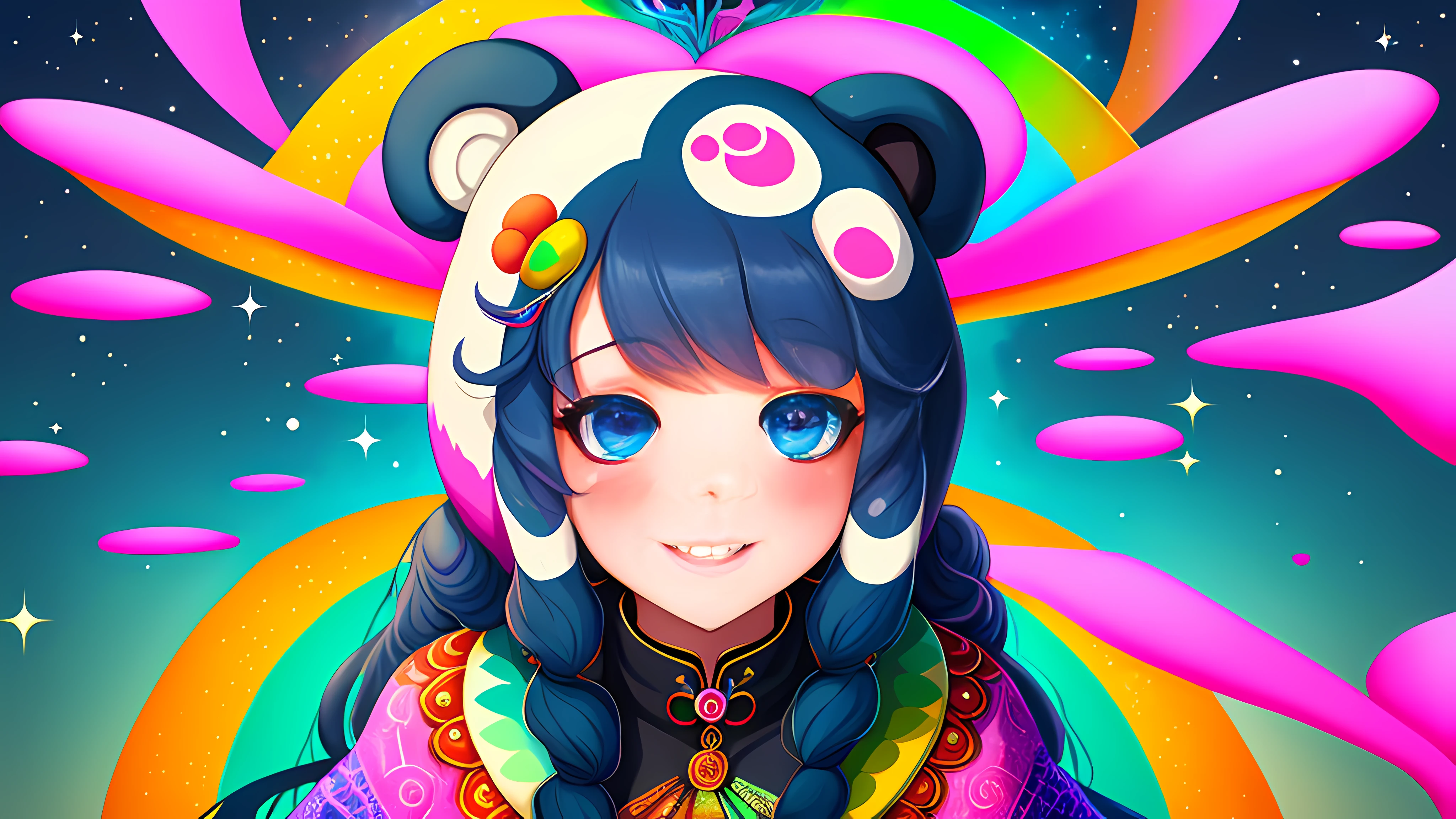 celestial, psychedelic, panda girl, (intricate details:0.9), happy