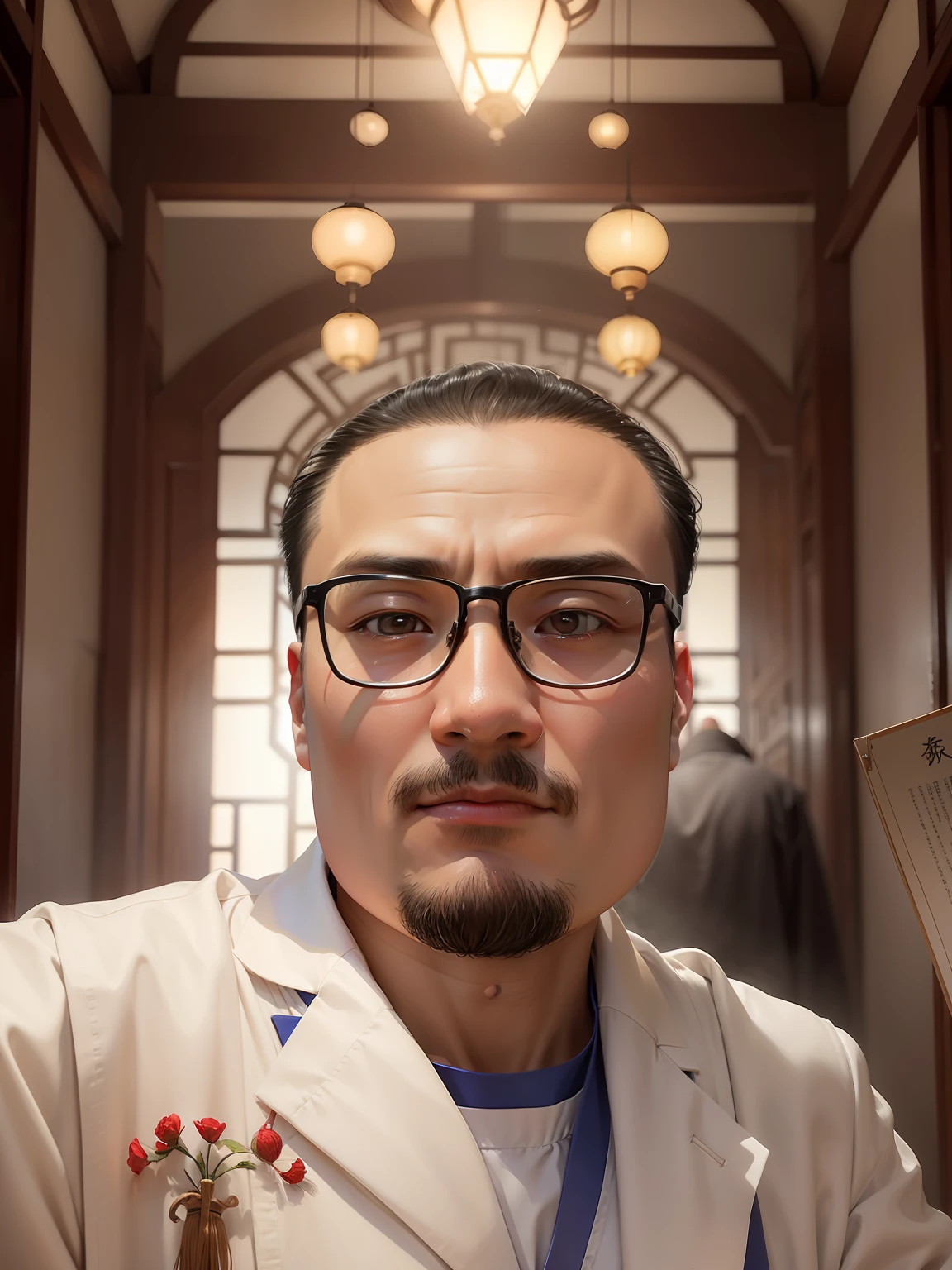 Use this picture as a basis to generate a bust photo of a young Chinese medicine practitioner，Ask to stand sideways，Wearing robes，The overall feeling presented in the picture requires majestic atmosphere、Wise and heroic