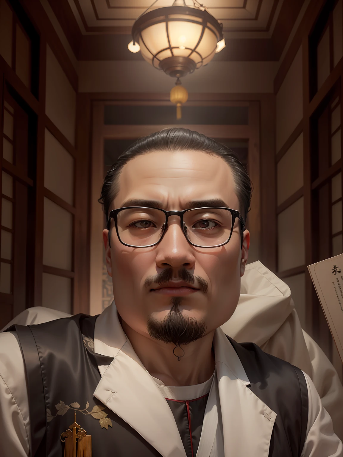 Use this picture as a basis to generate a bust photo of a young Chinese medicine practitioner,Ask to stand sideways,Wearing robes,The overall feeling presented in the picture requires majestic atmosphere、Wise and heroic