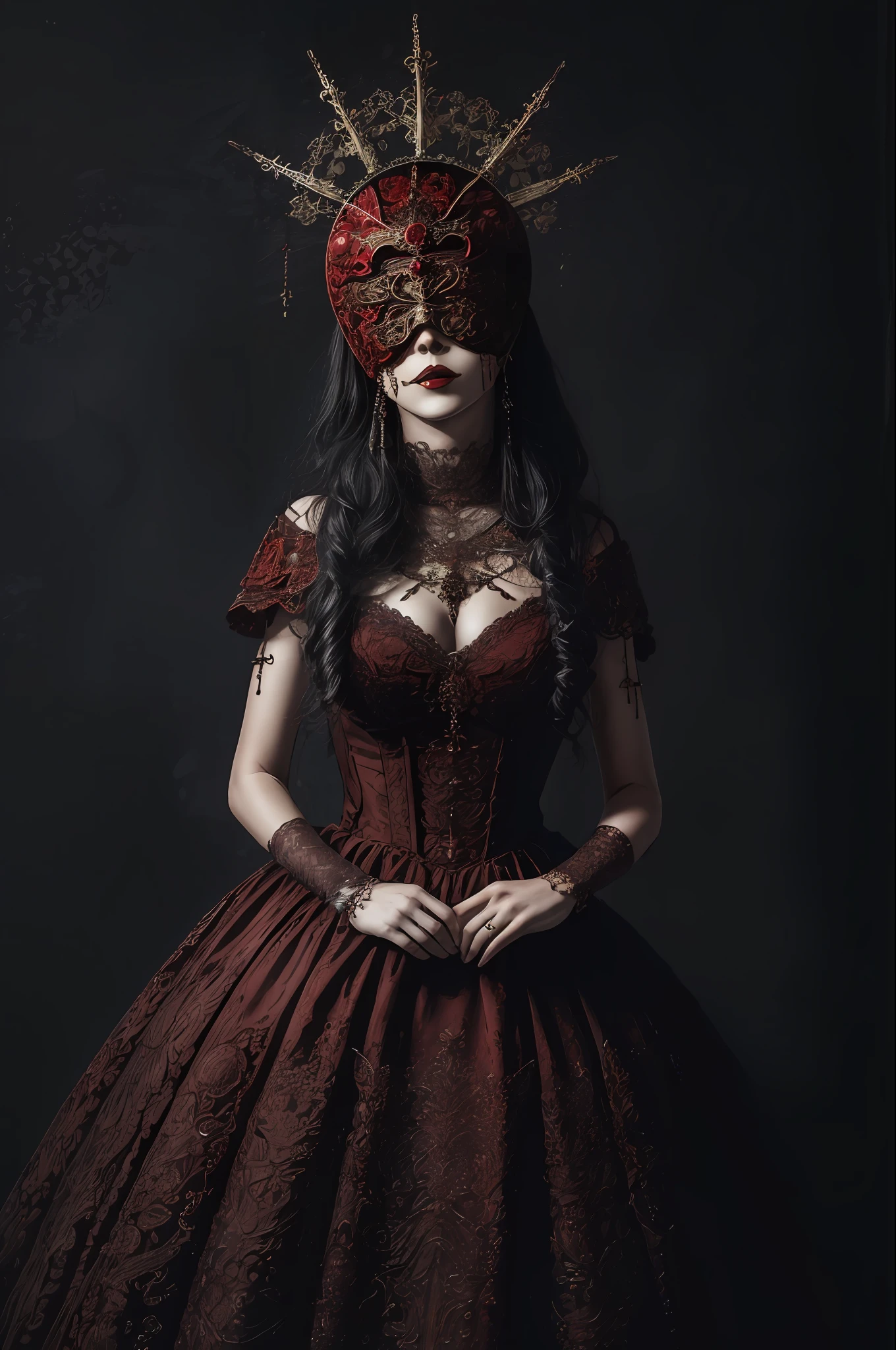 A woman wearing a red blind mask, Gothic dress, Adornos de encaje, Tono mapeado, Detallado, Altamente detallado,1mujer , surgery, brillante, cabeza, en_..jar, agua, sangre_buques,, (obra maestra: 1.3), (mejor_Quality: 1.3), (ultra_detallado: 1.3), 8k, sumamente_Claro, realismo, (ultrarrealista: 1.3), detalles locos, Detalles entrencados, hiperdetallado, ultra detallado, extremadamente detallado, highest detailed, alto_detalle, colorido, hermoso, HDR, fotorrealista, Altas Resoluciones, ultra_alto_nada, Cinematographer, aesthetic, sumamente_delicado,(Arte de terror, terror), Altas Resoluciones, 16k, ..RAW, Ultra Highnada, Ultra detalles, detalles fenos, una sombra extremadamente delicada y hermosa, extremadamente detallada, realista, foto altamente detallada, award winning glamour photograph, horrorcore