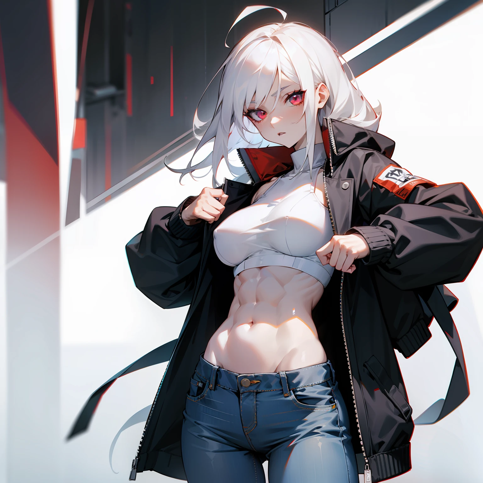 white hair, pale skin, abs, sports bra, jacket, jeans, crimson eyes, streetwear