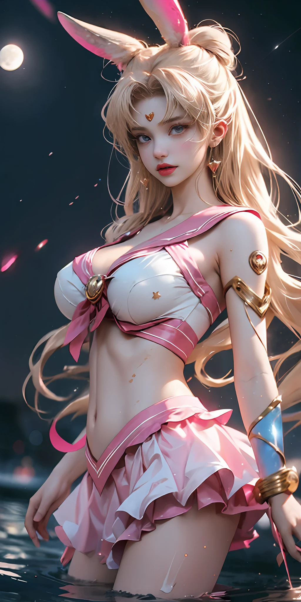 Sailor Moon, pink sailor suit, good-looking face, stars, (((galaxy))), rabbit ears, white top, 1girl, solo, blonde hair, pink skirt, open mouth, collarbone, looking at viewer, bare shoulders,upper body,realistic,(shiny skin),(((big breast))),large breasts,huge breasts,cleavage,slim waist,bad-girl, heart on background, sci-fi background, complex background, glowing hair, light forehead, moon on the background, panorama, (EnergyVeins:1.4),glowing,topless,walk on water