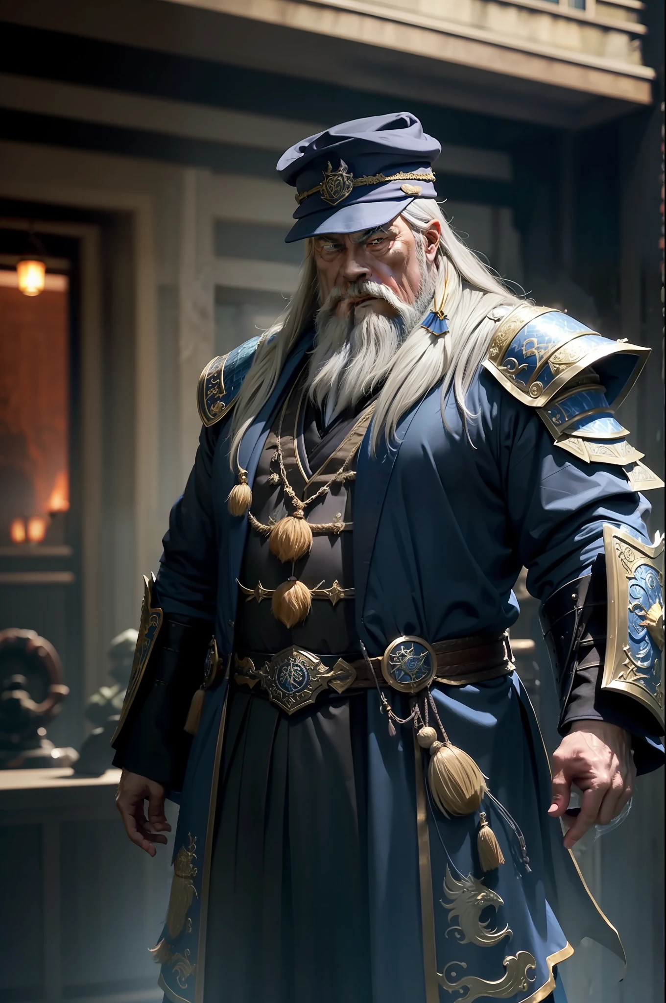 Man,dumbledore,A old man,Big chest,wearing an outfit,He wears Chinese dragon armor,Wears a crocodile head hat,muscle men