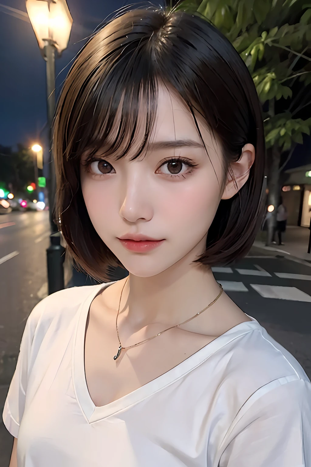 top-quality、masterpiece、超A high resolution、(realisitic:1.4)、the panorama、portlate、Very wide lens、a closeup、Beautiful beautiful adult woman、Beautiful detail eyes and skin、ssmile、Light brown short-cut hair、Small necklace、short sleeve t shirt、Smaller bust、city street at night、Nights with few people、