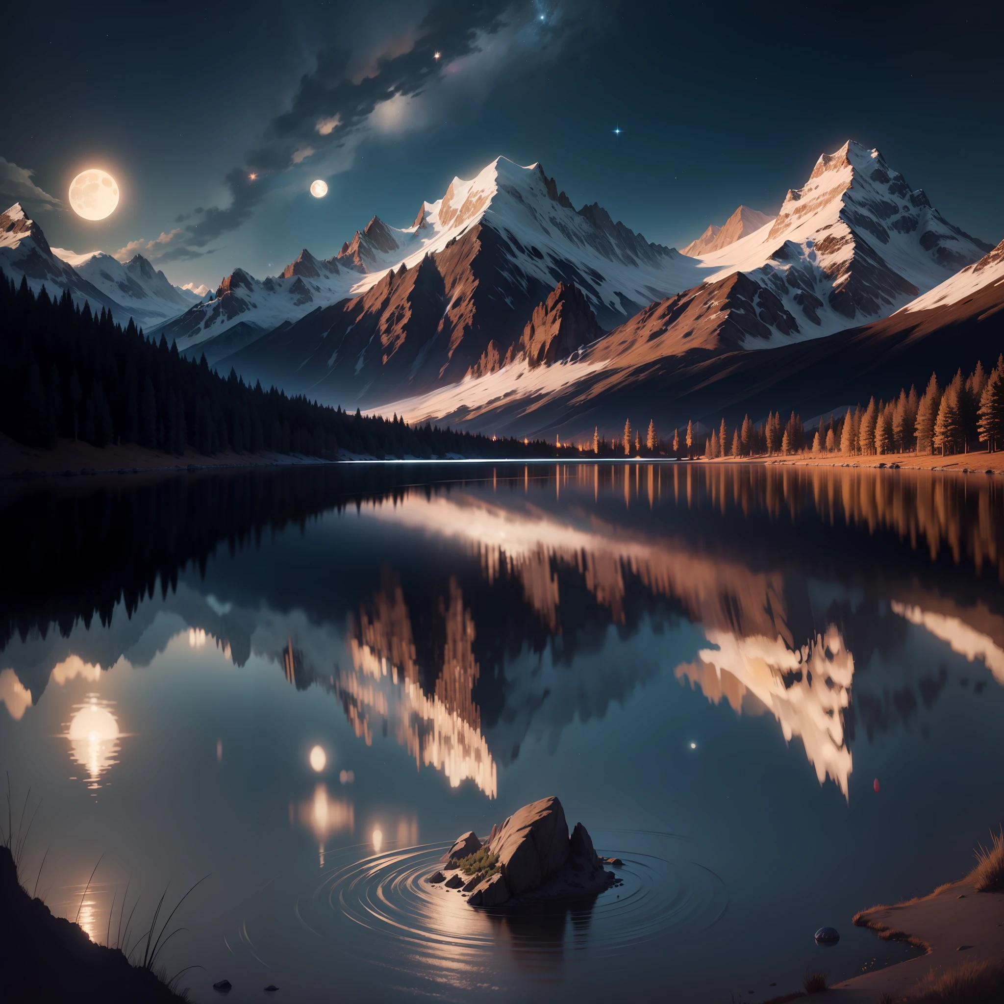 Very starry night. A giant moon behind the mountains. A tranquil lake reflecting the night. Realistic scene, detailed, photorealism, 8k