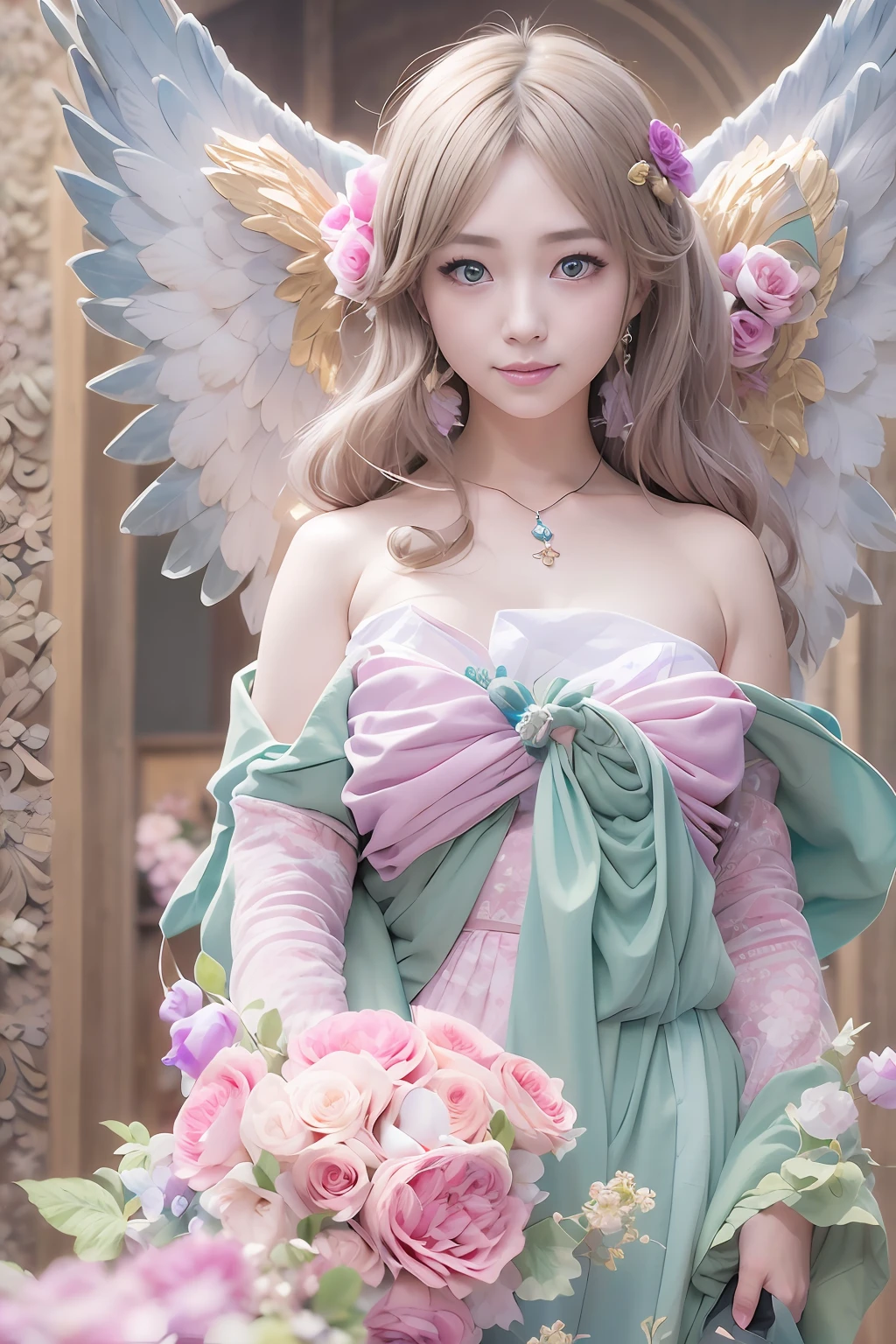 lightbrown hair、Intense crystal light blue eyes、耳Nipple Ring、kawaii、Pale pink color illustration、(Angel wings、😇、a smile、😌🥰Archaic Smile).hyper realstic、Ultra-realistic、Depiction of the human body without distortion、Monna Lisa、Woman in the Arms、Near and far law、Three-dimensional、Contemporary painting、moderno、world masterpiece、collection、Homage to the art or artist work of Picasso and Renoir, Not sentimental、Excellent portrayal、Gentle expression、More detailed character faces, Serious competition、Compositions like paintings、(Konmutsuki_Gacha_Series 1, punk_rosette), Realistic、Delicate brushwork、aqua color flowers, (Full body, elegant flowers background)