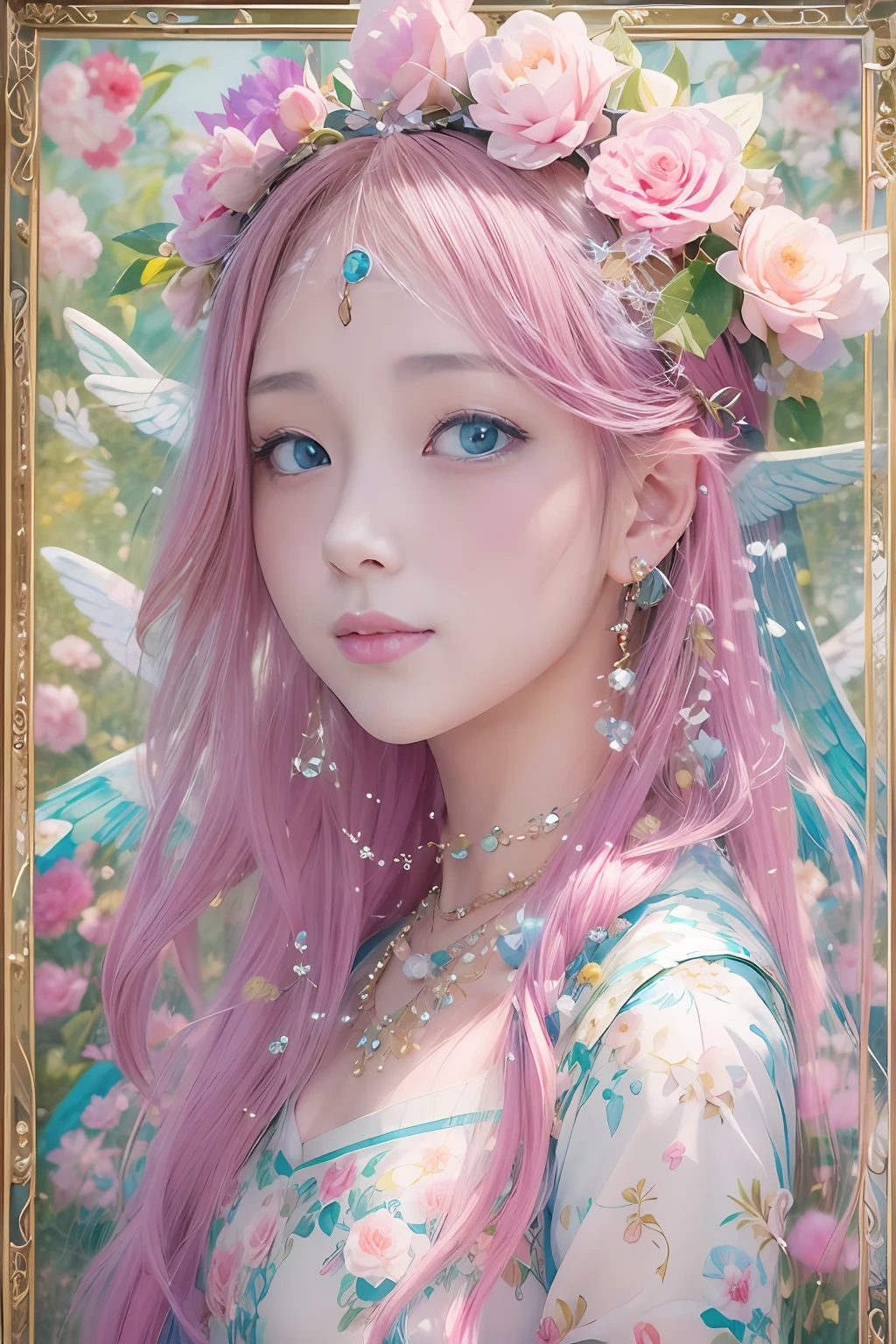 lightbrown hair、Intense crystal light blue eyes、耳Nipple Ring、kawaii、Pale pink color illustration、(Angel wings、😇、a smile、😌🥰Archaic Smile).hyper realstic、Ultra-realistic、Depiction of the human body without distortion、Monna Lisa、Woman in the Arms、Near and far law、Three-dimensional、Contemporary painting、moderno、world masterpiece、collection、Homage to the art or artist work of Picasso and Renoir, Not sentimental、Excellent portrayal、Gentle expression、More detailed character faces, Serious competition、Compositions like paintings、(Konmutsuki_Gacha_Series 1, punk_rosette), Realistic、Delicate brushwork、aqua color flowers, (Full body, elegant flowers background)