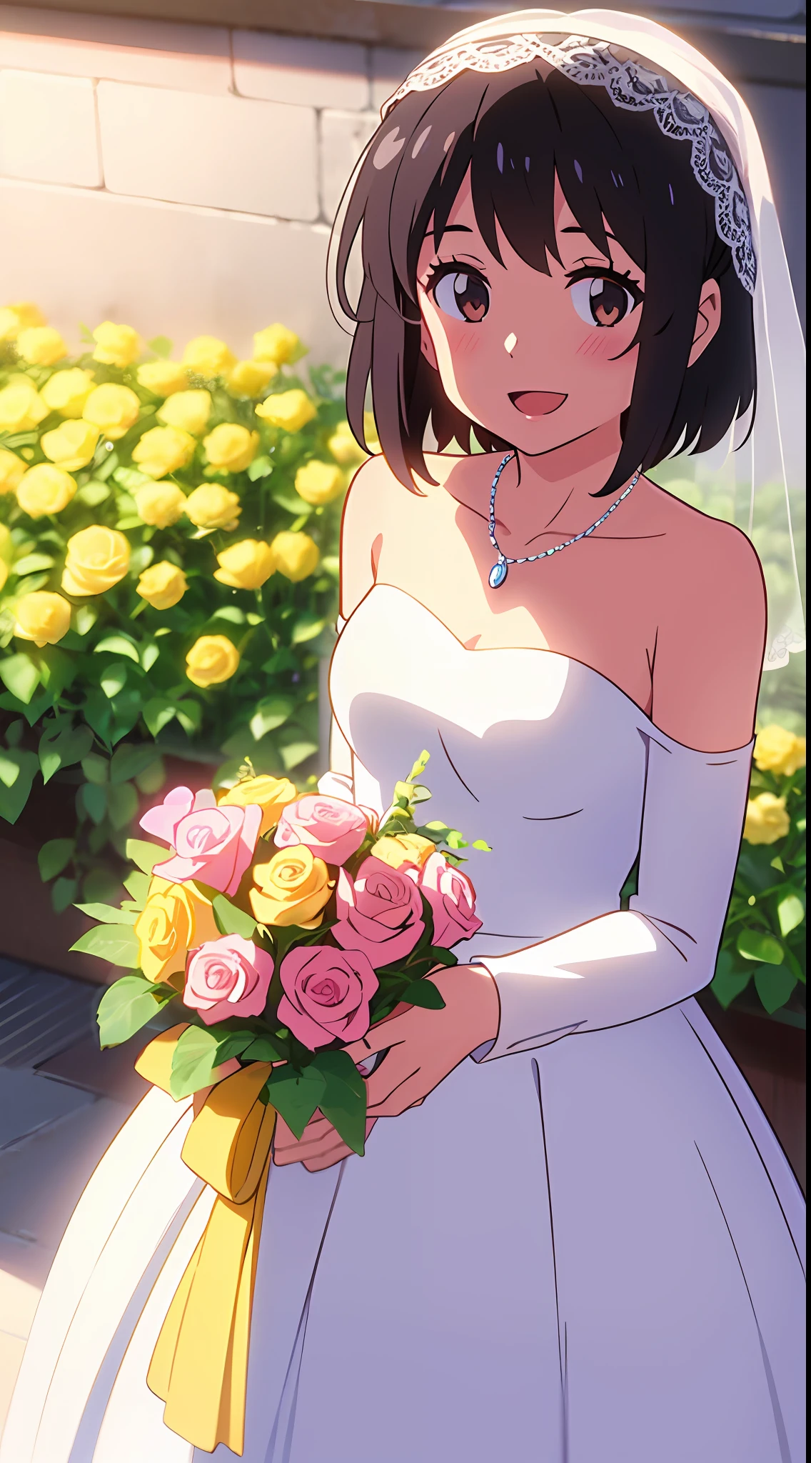 shinkai makoto, kimi no na wa., 1girl, bangs, black hair, blush, brown eyes, shiny skin, headband, flower, wedding dress, bouquet, holding a bouquet, dress, bride, pink rose, jewelry, necklace, veil, bridal veil, looking at the viewer, short hair, cute, smile, open mouth, :D, happy, solo, bare shoulders, white pantyhose, long sleeves