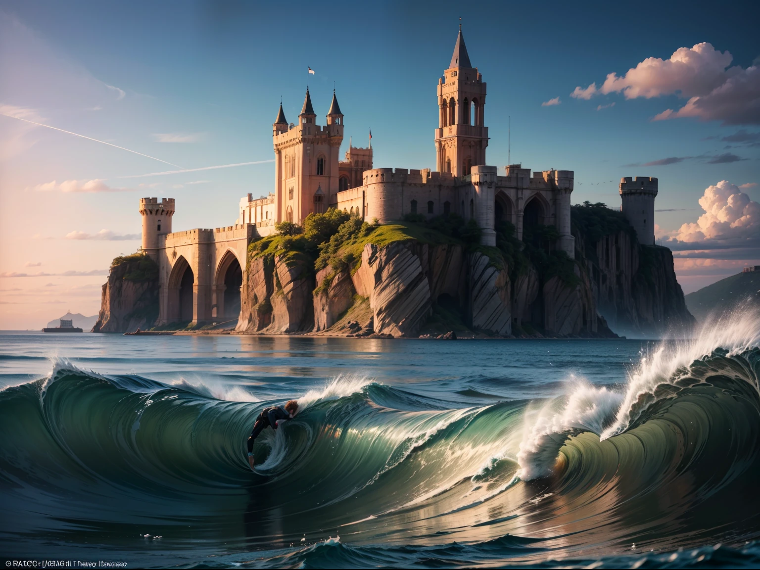 (Raw photo, 8k masterpiece, best quality:1.2), wide angle shot, BREAK, a scene depicting Percy shelley's poem ode to the west wind, ((Beside a pumice isle in Baiae's bay, And saw in sleep old palaces and towers Quivering within the wave's intenser day, All overgrown with azure moss and flowers)), BREAK, photorealistic landscape, ultrahigh definition illustration, intricately detailed, fractal light dispersion, full spectrum, coastal breeze, sea spray, fond memories, lazy summer days, summer sunshine