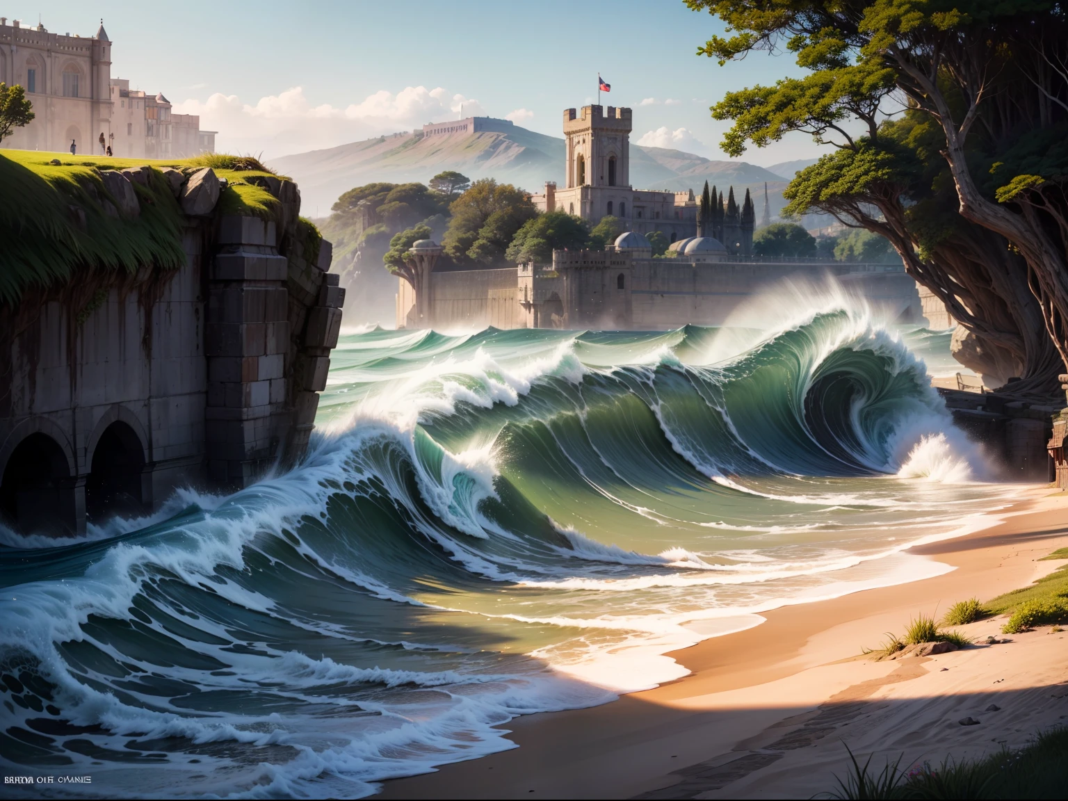 (Raw photo, 8k masterpiece, best quality:1.2), wide angle shot, BREAK, a scene depicting Percy shelley's poem ode to the west wind, ((Beside a pumice isle in Baiae's bay, And saw in sleep old palaces and towers Quivering within the wave's intenser day, All overgrown with azure moss and flowers)), BREAK, photorealistic landscape, ultrahigh definition illustration, intricately detailed, fractal light dispersion, full spectrum, coastal breeze, sea spray, fond memories, lazy summer days, summer sunshine