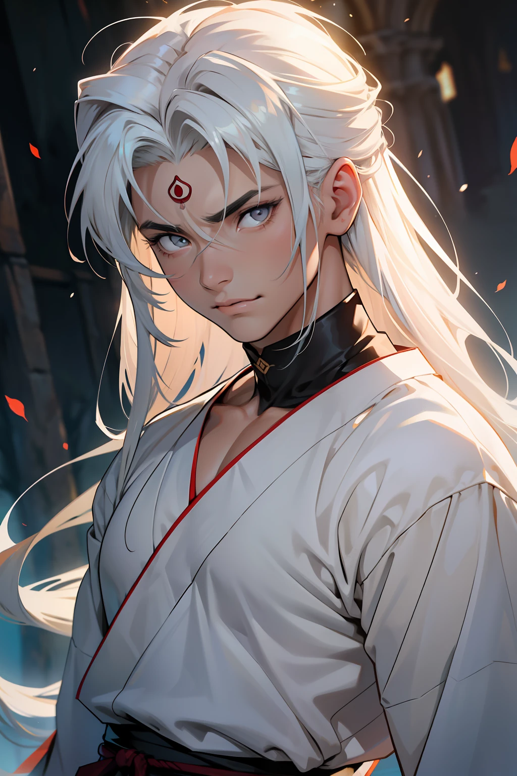 ((melhor qualidade)), ((obra-prima)), (altamente detalhado:1.3) homem solo, jovem musculoso, parecido com sesshoumaru (inuyasha) loiro, cabelos loiros intensos, olhos cor de rosa usando um quimono luxuoso, cabelos compridos, olhos crueis, rosto delicado, pale skinned, loiro, cabelos compridos e lisos com franja, desenhos de lua na testa, bonito, quimono luxuoso e comprido, plano de fundo uma carroagem