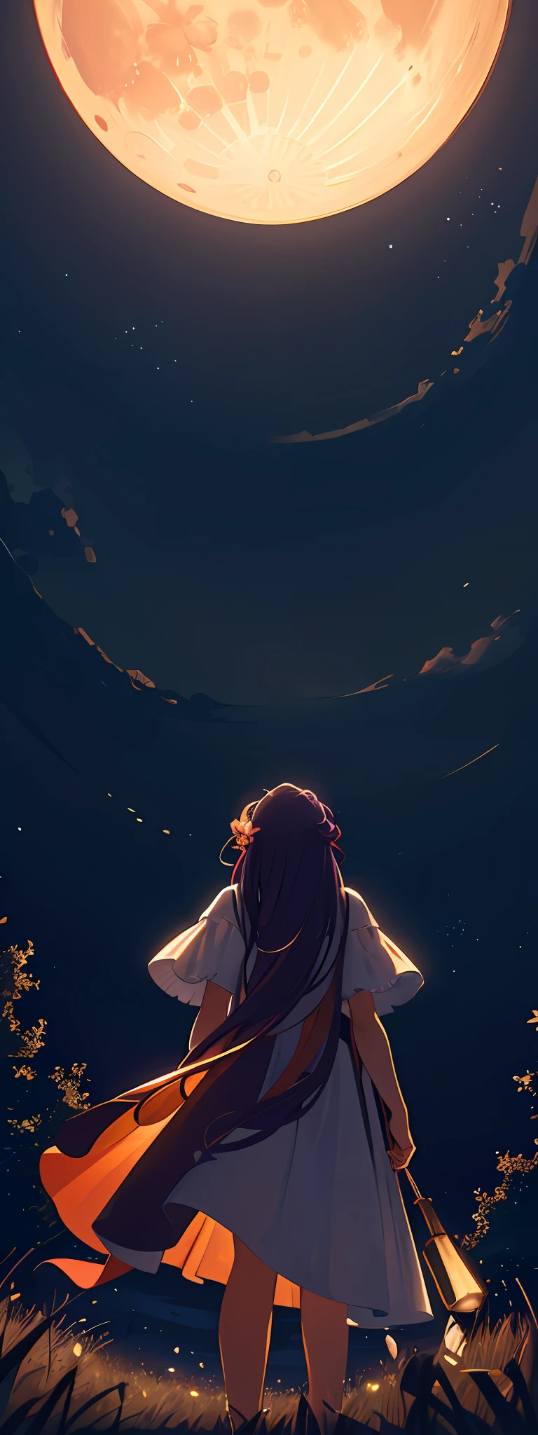 A wide landscape photo, (viewed from below, the sky is above, and the open field is below), a girl standing on a flower field looking up, (full moon: 1.2), (meteor: 0.9), (nebula: 1.3), distant mountains , Trees BREAK Crafting Art, (Warm Light: 1.2), (Firefly: 1.2), Lights, Lots of Purple and Orange, Intricate Details, Volumetric Lighting BREAK (Masterpiece: 1.2), (Best Quality), 4k, Ultra Detailed, (Dynamic Composition: 1.4), Rich in Detail and Color, (Rainbow Color: 1.2), (Glow, Atmospheric Lighting), Dreamy, Magical, (Solo: 1.2)