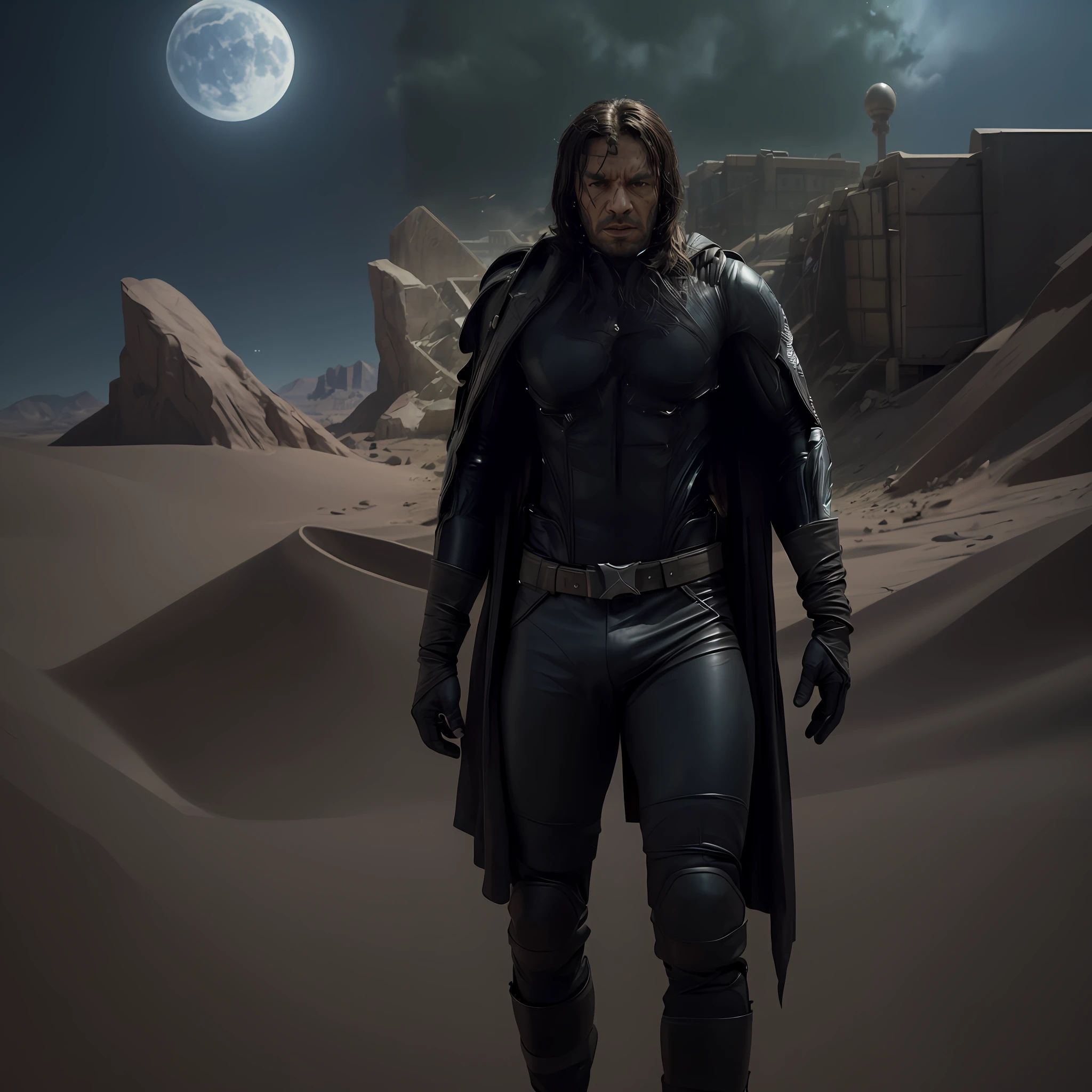 Arafed man in a black leather outfit standing in a desert,Film de science-fiction dramatique, Film fixe 8 k, 8 k film fixe, still from marvel movie, Film 4 k, Image fixe du film 4K, Image du film Marvel, An epic science fiction movie, Film fantastique encore, The night war rages behind him