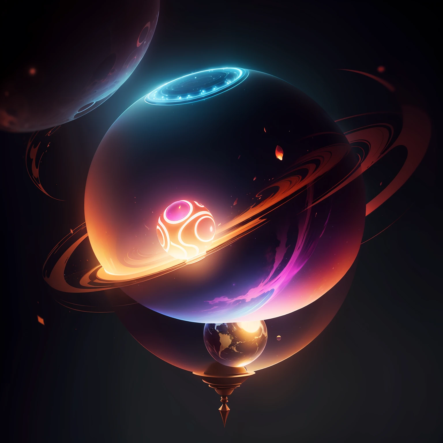 Create a magical orb that floats in the dark empty space but with lighting details and particles highlighting the glowing globe and colored glass in the floating center, With various elements of professional composition in the style of 2D anime