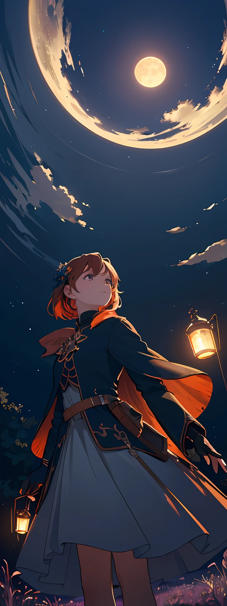 A wide landscape photo, (viewed from below, the sky is above, and the open field is below), a girl standing on a flower field looking up, (full moon: 1.2), (meteor: 0.9), (nebula: 1.3), distant mountains , Trees BREAK Crafting Art, (Warm Light: 1.2), (Firefly: 1.2), Lights, Lots of Purple and Orange, Intricate Details, Volumetric Lighting BREAK (Masterpiece: 1.2), (Best Quality), 4k, Ultra Detailed, (Dynamic Composition: 1.4), Rich in Detail and Color, (Rainbow Color: 1.2), (Glow, Atmospheric Lighting), Dreamy, Magical, (Solo: 1.2)