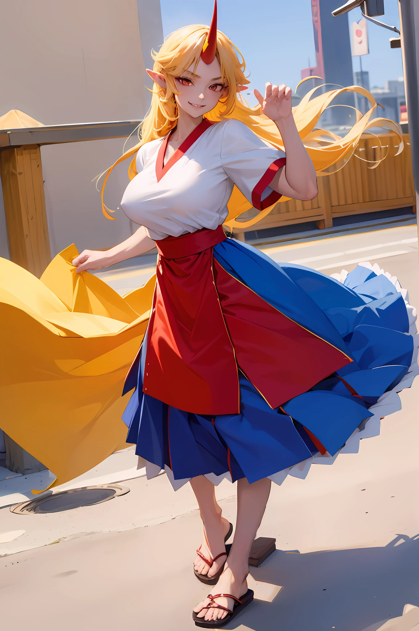 hoshiguma yuugi,1girl,single horn, pointy ears, blonde hair, long hair,yellow eyes,s ,white shirt,skirt,, muscle girl, huge breast,walking, single horn, long skirt, flip flops, sharpteeth, smile, tomboy,very long skirt, blue and red skirt, traditional germanic dress, red eyes, medieval city,full body