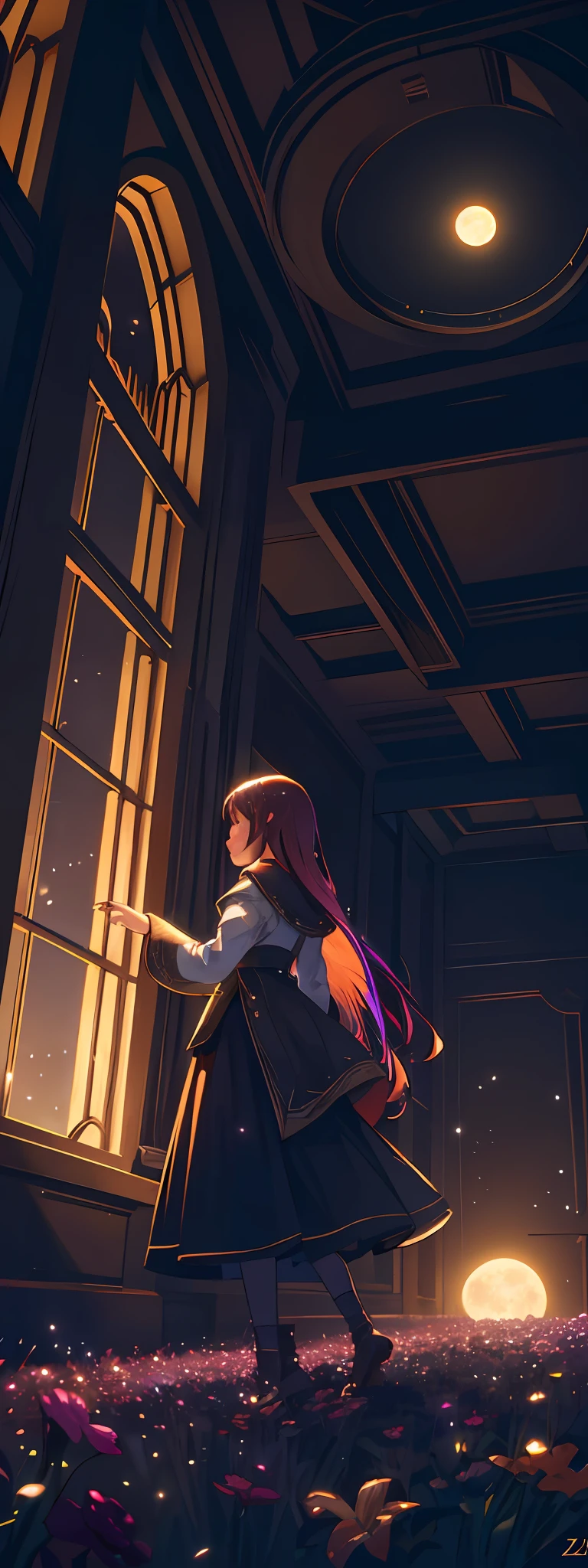 A wide landscape photo, (viewed from below, the sky is above, and the open field is below), a girl standing on a flower field looking up, (full moon: 1.2), (meteor: 0.9), (nebula: 1.3), distant mountains , Trees BREAK Crafting Art, (Warm Light: 1.2), (Firefly: 1.2), Lights, Lots of Purple and Orange, Intricate Details, Volumetric Lighting BREAK (Masterpiece: 1.2), (Best Quality), 4k, Ultra Detailed, (Dynamic Composition: 1.4), Rich in Detail and Color, (Rainbow Color: 1.2), (Glow, Atmospheric Lighting), Dreamy, Magical, (Solo: 1.2)