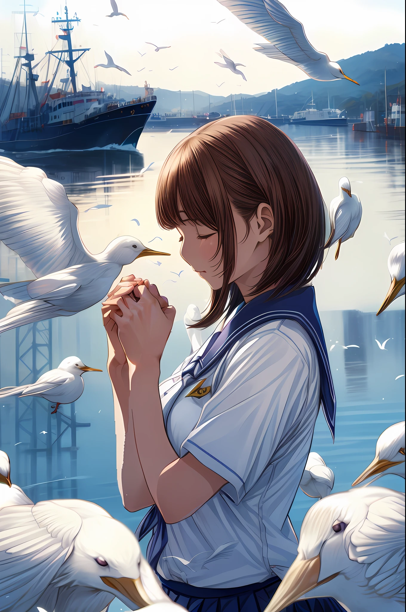 Anime girl standing in front of a flock of seagulls with a boat in the background, By Shinkai Makoto. a digital rendering, Makoto Shinkai and ArtGerm, makoto shinkai cyril rolando, By Shinkai Makoto!, ( ( By Shinkai Makoto ) ), By Shinkai Makoto!!, makoto shinkai art style, 4 k manga wallpaper