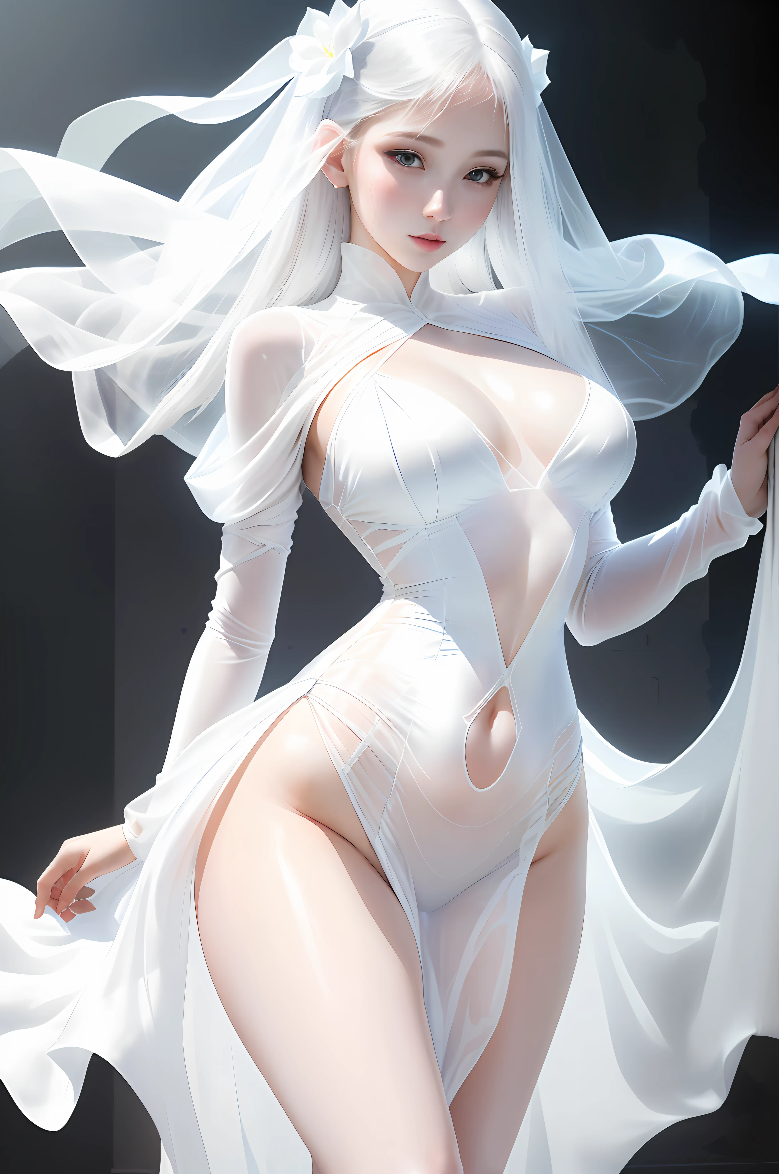 woman, Smooth translucent white skin, wearing translucent sheet,Translucent white skin, Translucent dress, pale milky white porcelain skin, Translucent body, smooth white tight clothes suit, see through dresses, Clothing that exposes, touching her clothes, Open V chest clothes, wearing white clothes，Bare thighs
