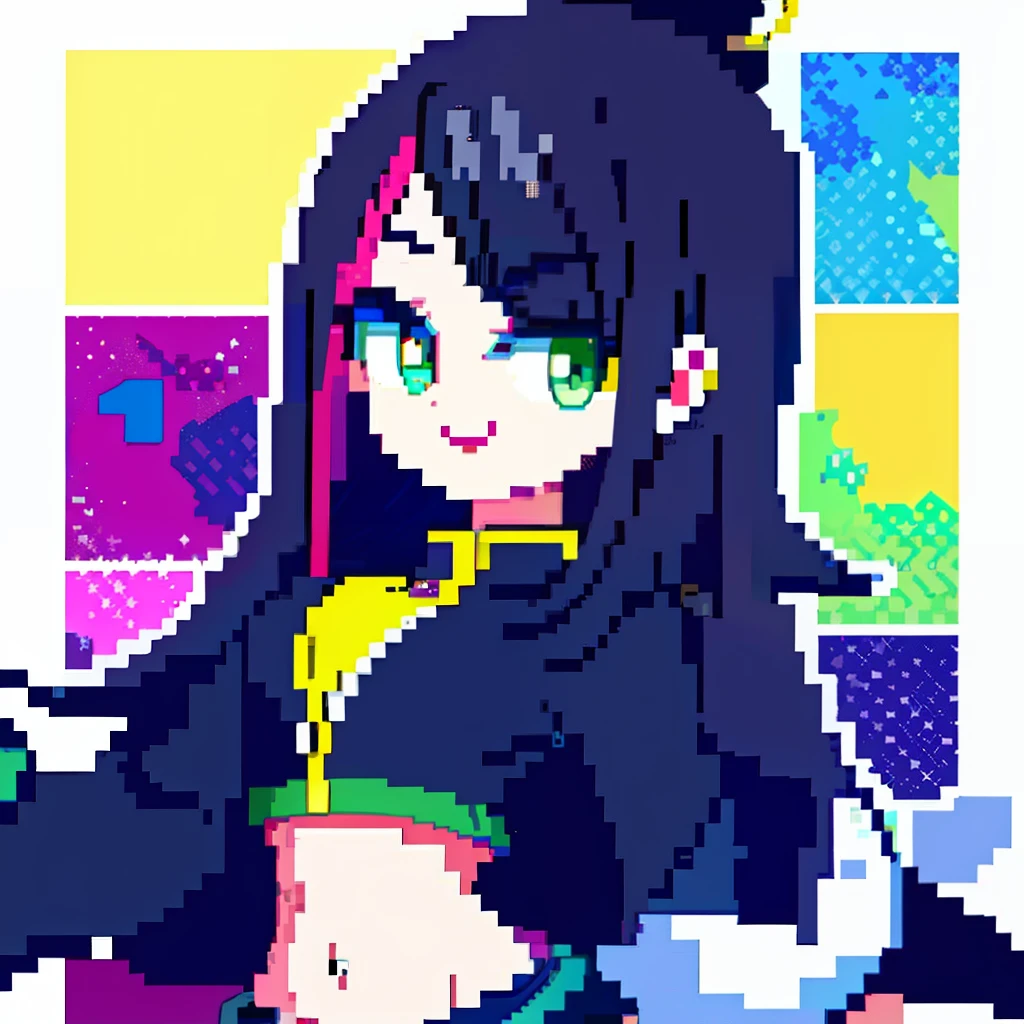 pixelart, tokoyami towa, multicolored hair, long hair, black headwear, navel, smile, green eyes, black shorts, white jacket