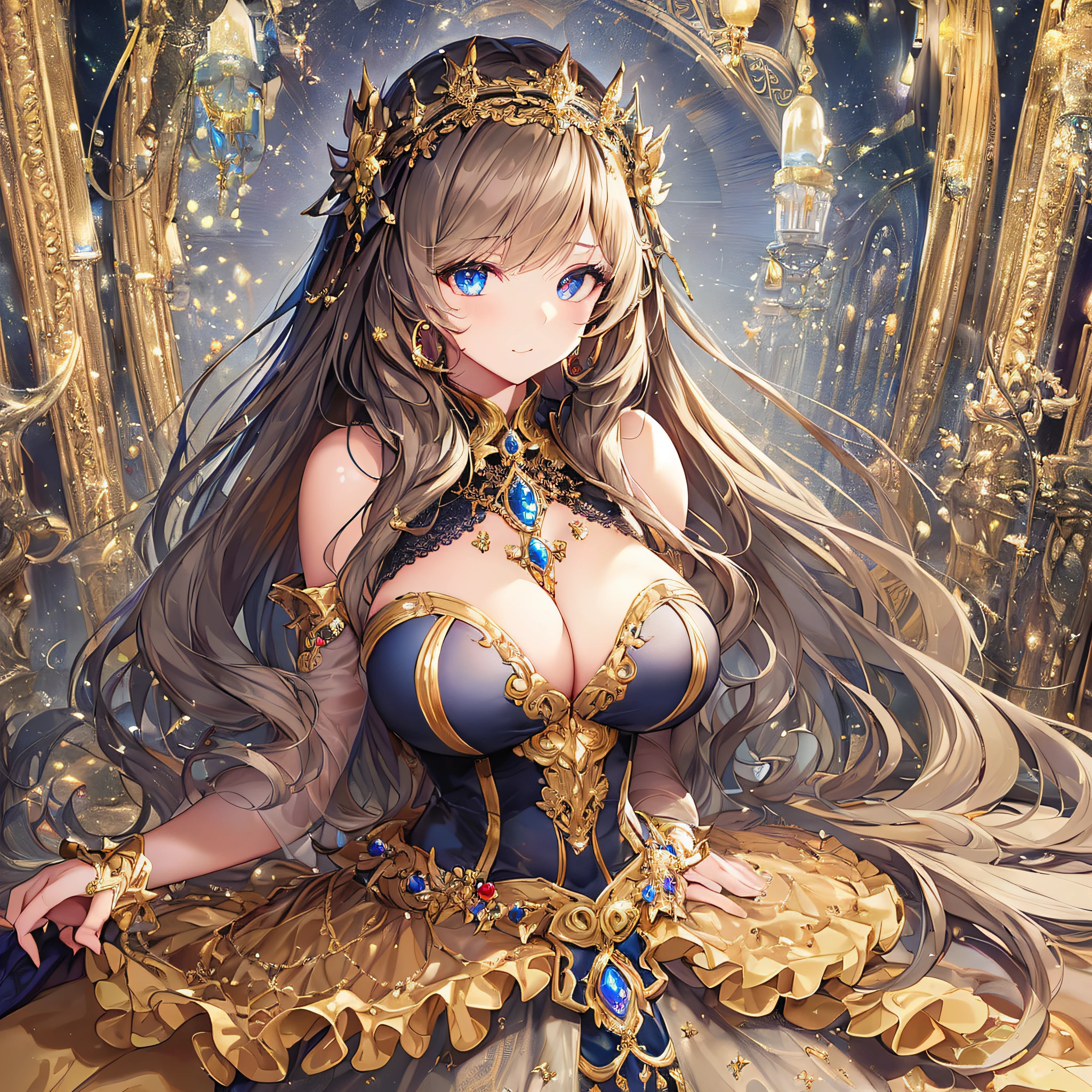((anime artstyle)),(Masterpiece),(Best Quality), (Super Detail),((Very Delicate and Beautiful)),(((Solo))),((full body)),(((1 bling-bling princess in beautiful embroidery and jeweled gorgeous rococo ball gown dress with voluminous full length hoop skirt))),((bling-bling)),Long train,(bling-bling gorgeous gemstone jewelry),detailed face and eyes,jewel-like eyes,((extremely voluminous Very Long Hair,Straight Hair)),((gigantic tits,Long tits)),cleavage,(gorgeousfull embroidery and lace),gorgeous corsage,See-through,extremely gorgeousfull hair ornament,bling-bling extremely gorgeousfull jeweled tiara,ornate ruffles,(hoop skirt,crinoline),((Dynamic Angle)),Looking at viewer,((full body)),((beautiful embroidery and jeweled extremely gorgeous rococo ball gown dress with voluminous full length hoop skirt))