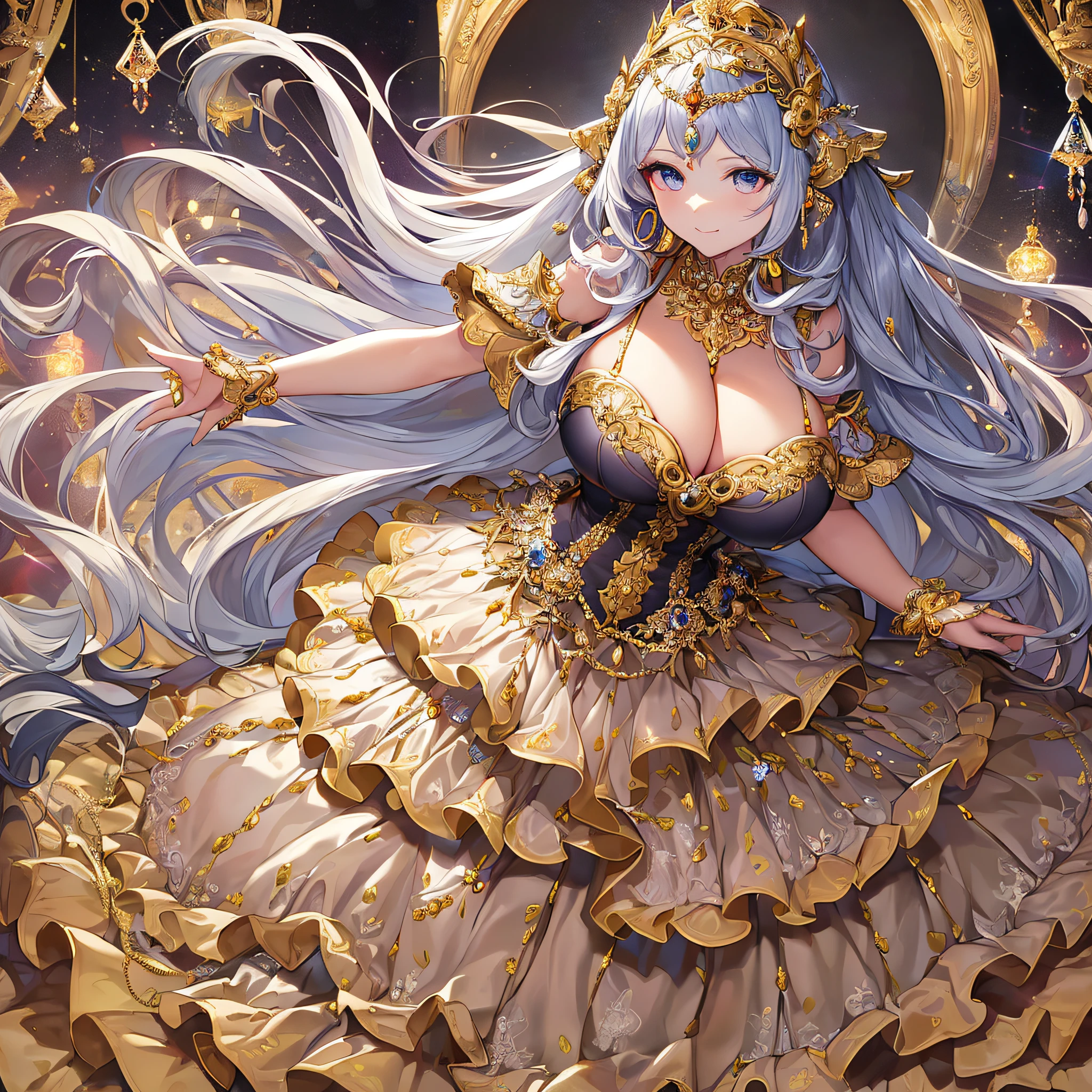 ((anime artstyle)),(Masterpiece),(Best Quality), (Super Detail),((Very Delicate and Beautiful)),(((Solo))),((full body)),(((1 bling-bling princess in beautiful embroidery and jeweled gorgeous rococo ball gown dress with voluminous full length hoop skirt))),((bling-bling)),Long train,(bling-bling gorgeous gemstone jewelry),detailed face and eyes,jewel-like eyes,((extremely voluminous Very Long Hair,Straight Hair)),((gigantic tits,Long tits)),cleavage,(gorgeousfull embroidery and lace),gorgeous corsage,See-through,extremely gorgeousfull hair ornament,bling-bling extremely gorgeousfull jeweled tiara,ornate ruffles,(hoop skirt,crinoline),((Dynamic Angle)),Looking at viewer,((full body)),((beautiful embroidery and jeweled extremely gorgeous rococo ball gown dress with voluminous full length hoop skirt))