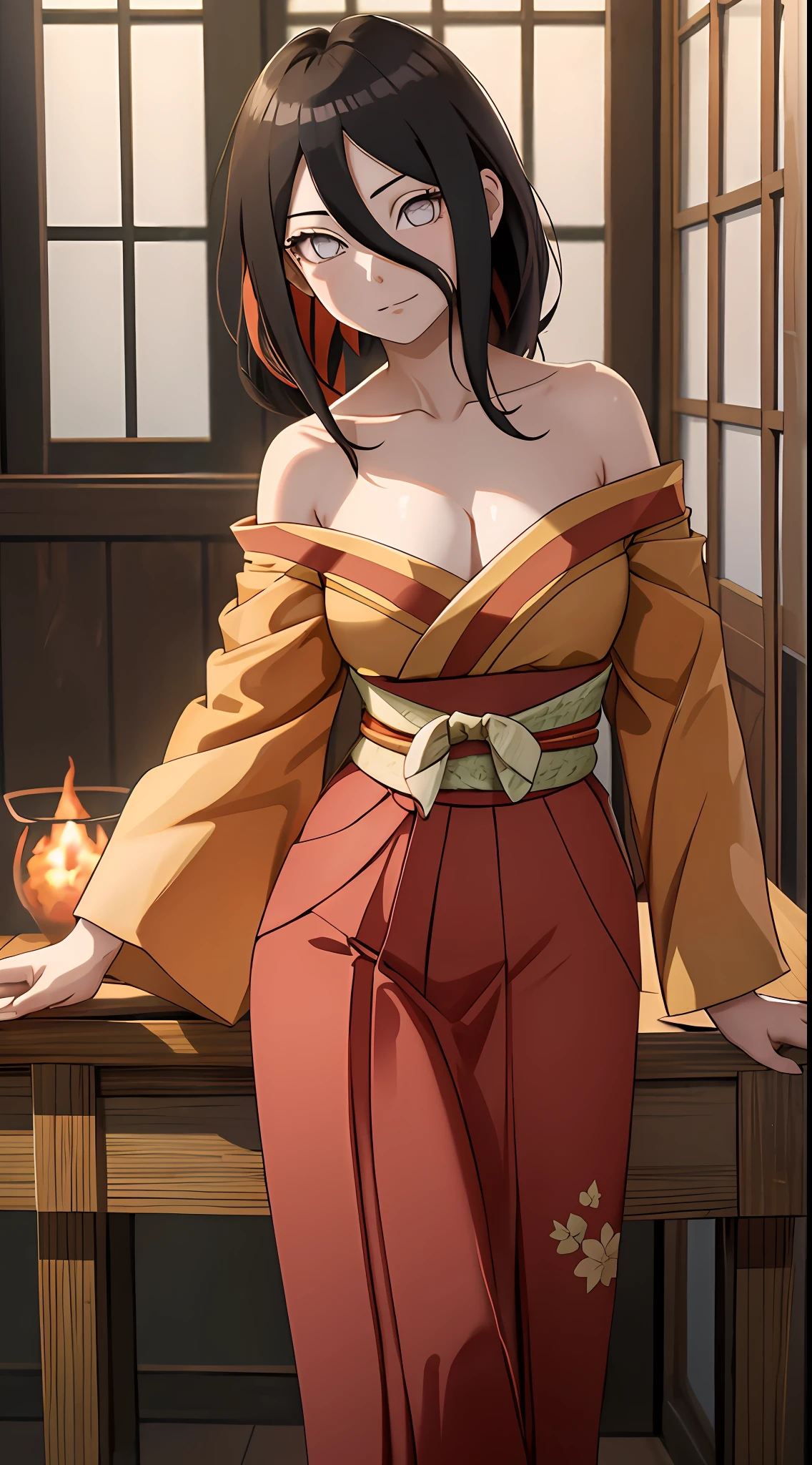 tmasterpiece， hoang lap ， （Complicated details）， （rich colourful）， 电影灯光， the Extremely Detailed CG Unity 8K Wallpapers ， Hinata flower proportions， 1girll， 独奏， orange kimono， Red hakama skirt， obi strip， Wide sleeves， looking at viewert， Keep one's mouth shut， ventania， Combat posture， cleavage，Off-the-shoulder attire，Large breasts