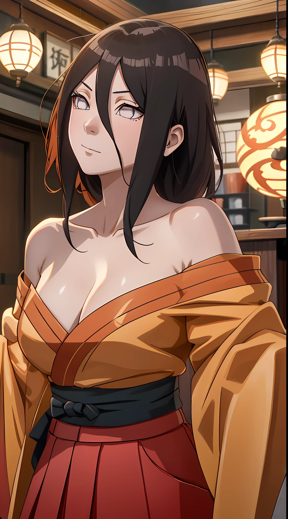 tmasterpiece， hoang lap ， （Complicated details）， （rich colourful）， 电影灯光， the Extremely Detailed CG Unity 8K Wallpapers ， Hinata flower proportions， 1girll， 独奏， orange kimono， Red hakama skirt， obi strip， Wide sleeves， looking at viewert， Keep one's mouth shut， ventania， Combat posture， cleavage，Off-the-shoulder attire，Large breasts