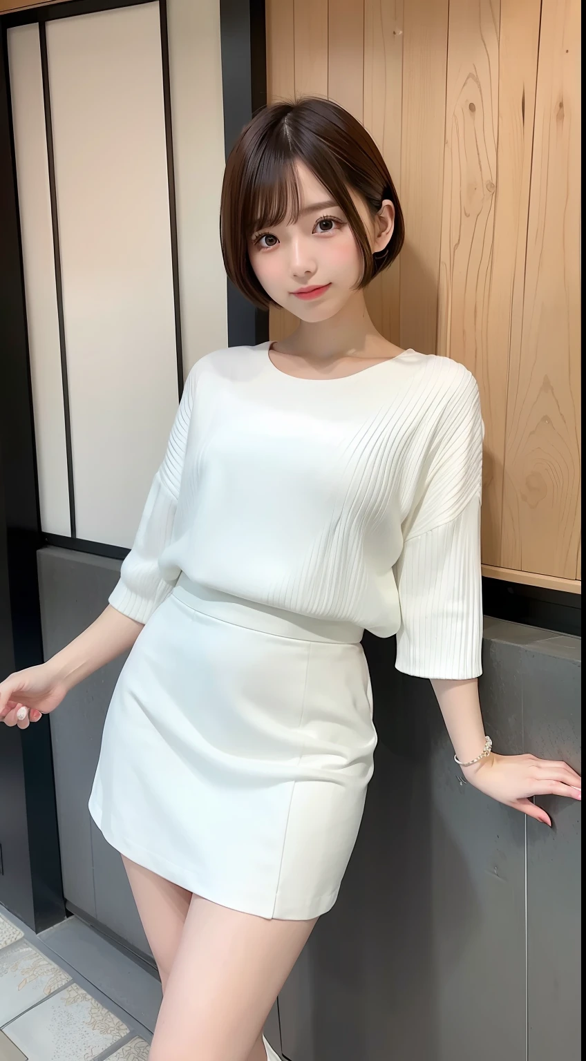 Women in Japan、OL style fashion、beauty legs、thin, white thighs are visible、Beautiful facial features、Shorthair、skirt by the、Kamimei