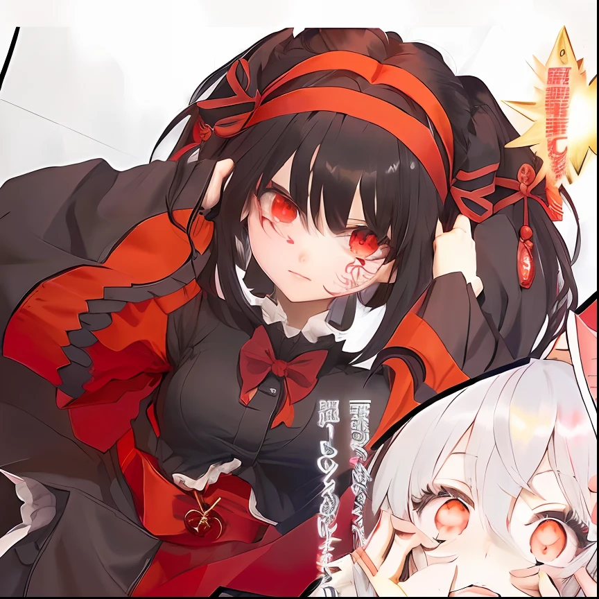 Anime characters with red eyes and black hair are posing for a photo, anime visual of a cute girl, author:Hosomura Kane, gapmoe yandere grimdark, touhou project official artwork, pin on anime, from touhou, puce and vermillion, reimu hakurei, mika kurai demon, anime moe art style