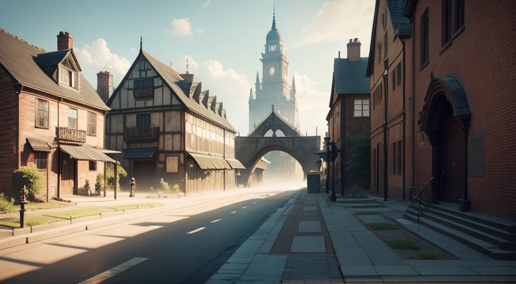 very beautiful town landscape, extremely detailed, NieR:Automata