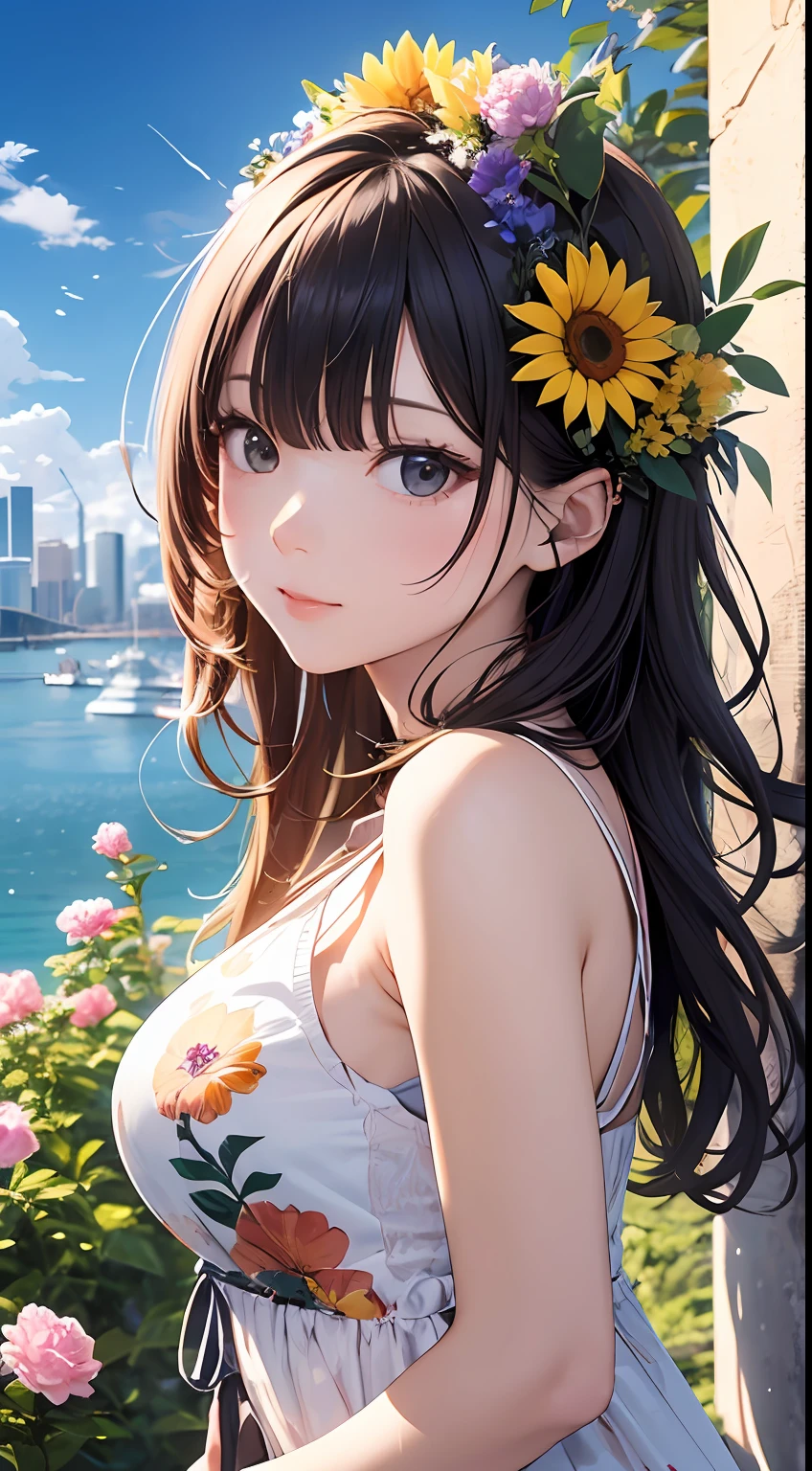 （Close-up of the painting style，8k ultra high definition，Masterpiece grade vista CG wallpaper），Beautiful skyline，Magnificent sky，美丽细致的眼睛，cute girly，Perfect slim body，shift dresses，Pure eyes，The skin is smooth like a baby，Stand on an island in the sea，Overlooking the earth，Skysky，the trees，Colorful flowers and plants。