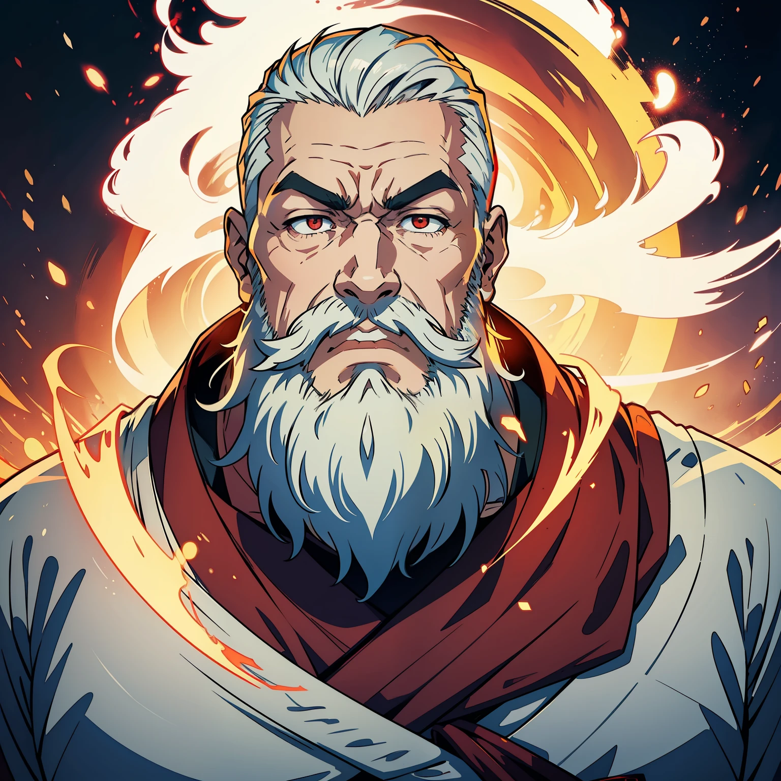 The man of the Senkaze Dojo，White beard，Eyes wide，of red clothes，A half body，expression surprised，The expression is grim，Surrounded by magic，Colorful glow in the sky
