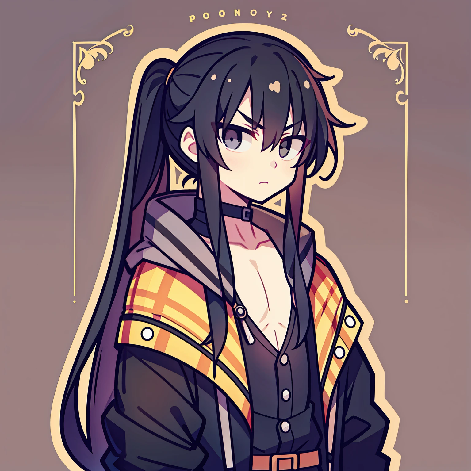 One cool boy、long-haired black color、poneyTail　22year old、adult-like、Black eyes、Long body、Crisp eyes、Serious look,flat chests