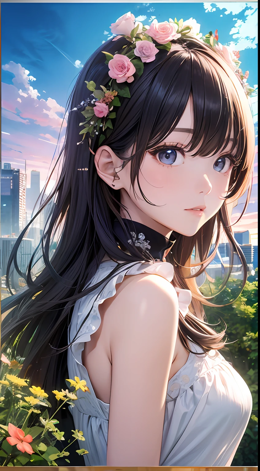 (Close-up of the painting style,8k ultra high definition,Masterpiece grade vista CG wallpaper),Beautiful skyline,Magnificent sky,美丽细致的眼睛,cute girly,Perfect slim body,shift dresses,Pure eyes,The skin is smooth like a baby,Stand on an island in the sea,Overlooking the earth,Skysky,the trees,Colorful flowers and plants。