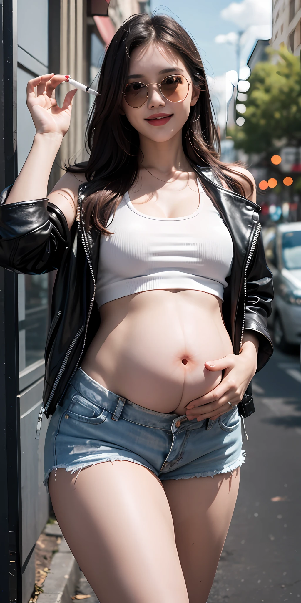 (Masterpiece: 1.6, Best quality), (beautidful eyes: 1.2), (Overhead), High quality, Beautiful face, 1girll, Wide shot, White crop top, Leather shorts, Oversized leather jacket, Open shoulders, Big tits, Long hair, Wide hips, (gardens), street, Background, Detailed background, creepy smile, Angled Laughter at the Corners of Mouth, Smoking a cigarette, sunglasses,Pregnant belly,Pregnant belly